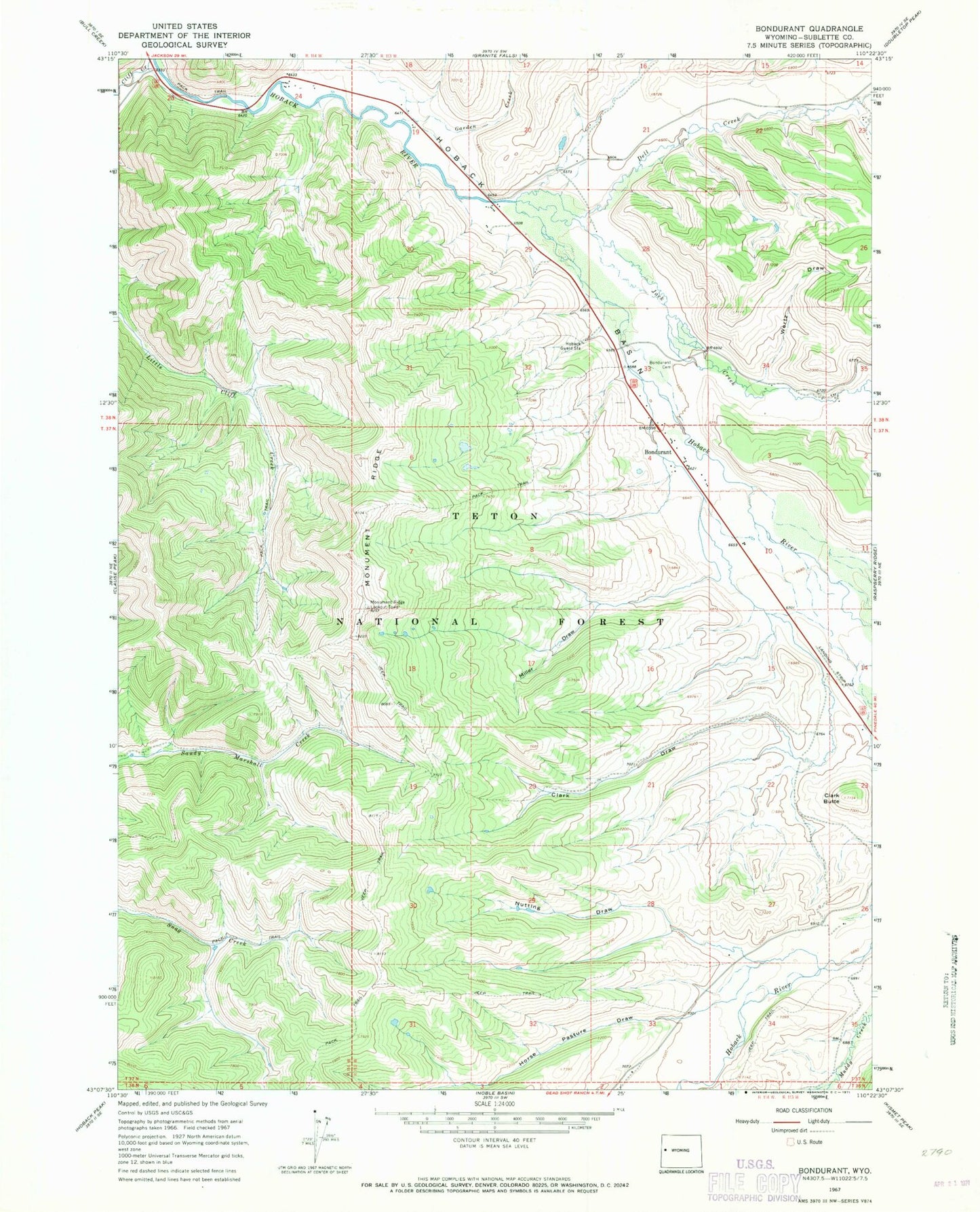 Classic USGS Bondurant Wyoming 7.5'x7.5' Topo Map Image