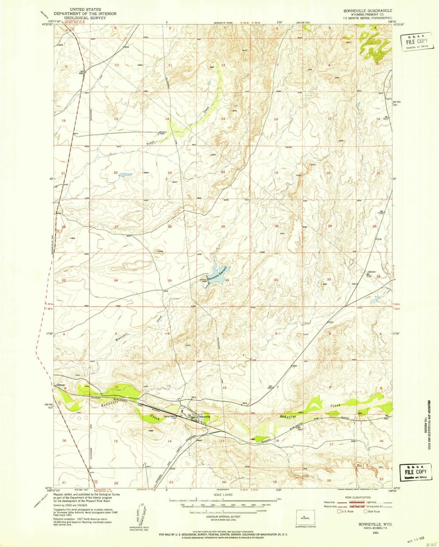 Classic USGS Bonneville Wyoming 7.5'x7.5' Topo Map Image
