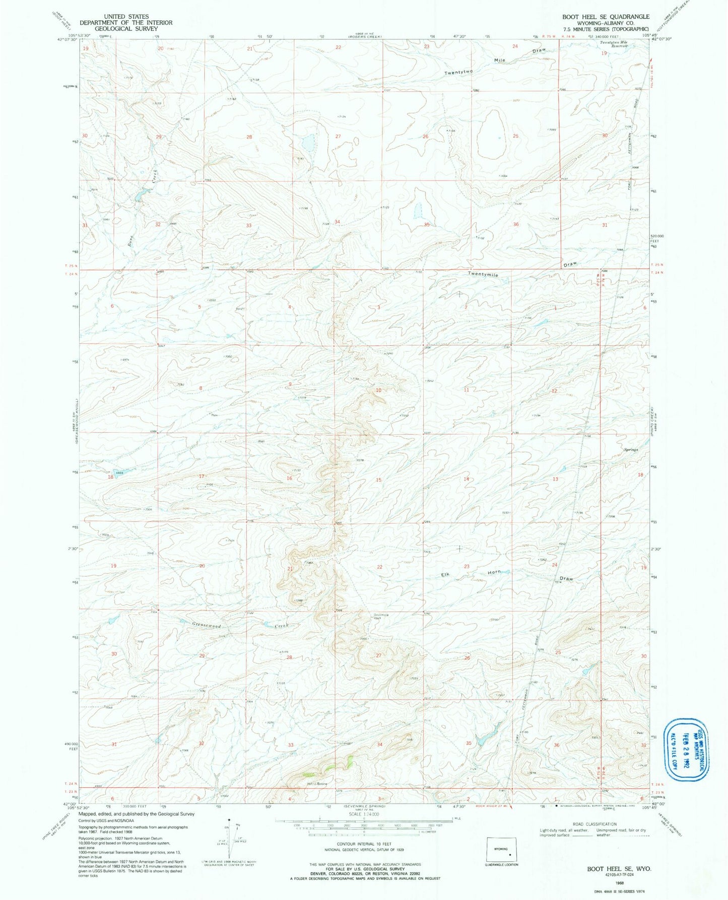 Classic USGS Boot Heel SE Wyoming 7.5'x7.5' Topo Map Image
