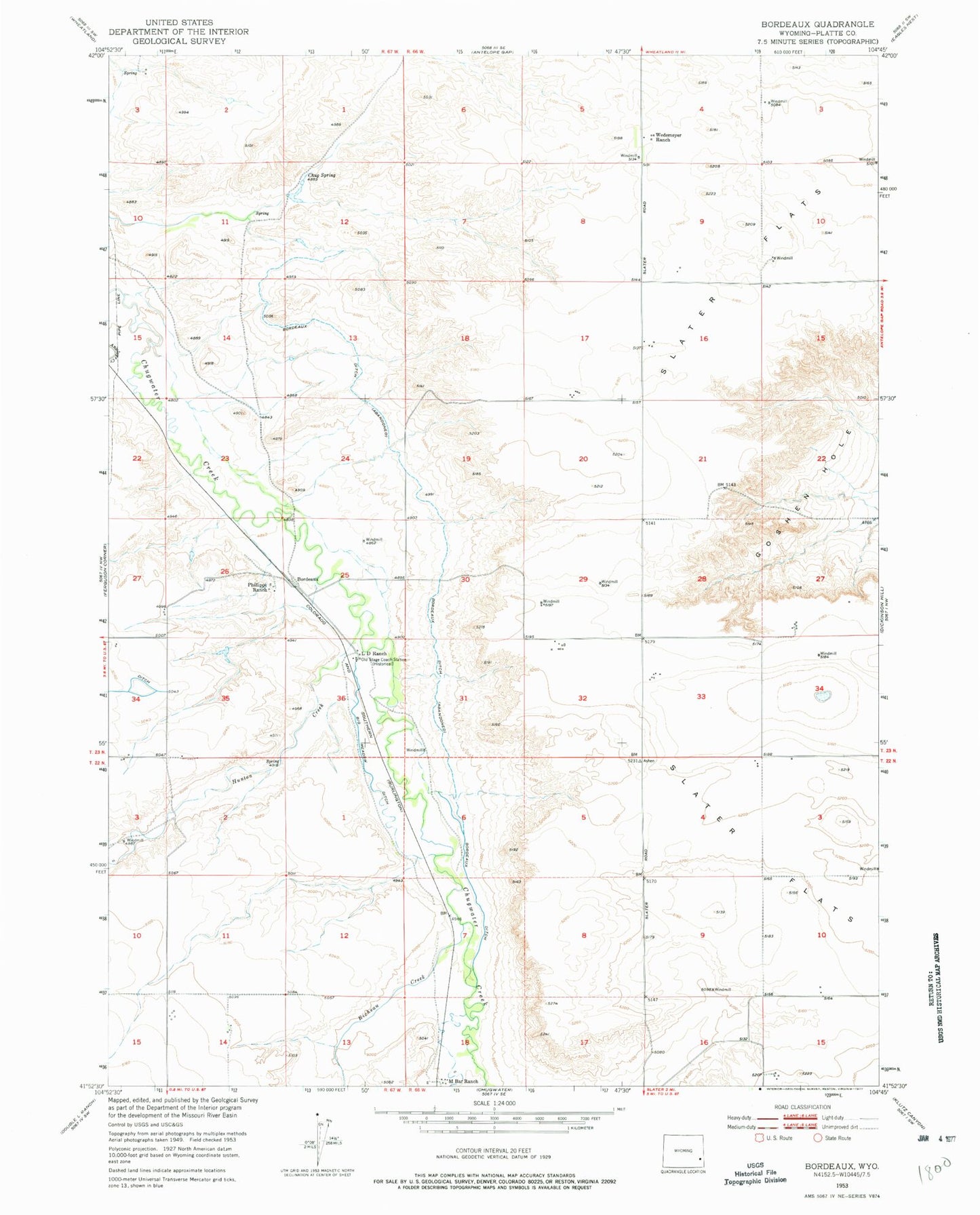 Classic USGS Bordeaux Wyoming 7.5'x7.5' Topo Map Image