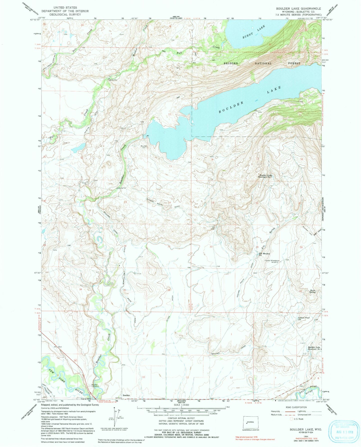 Classic USGS Boulder Lake Wyoming 7.5'x7.5' Topo Map Image