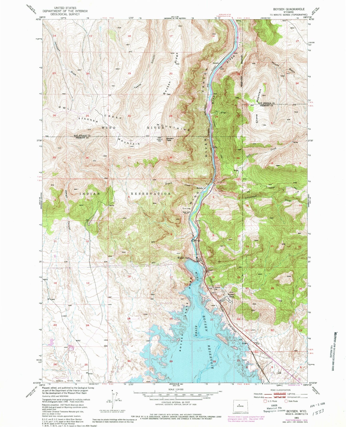 Classic USGS Boysen Wyoming 7.5'x7.5' Topo Map Image