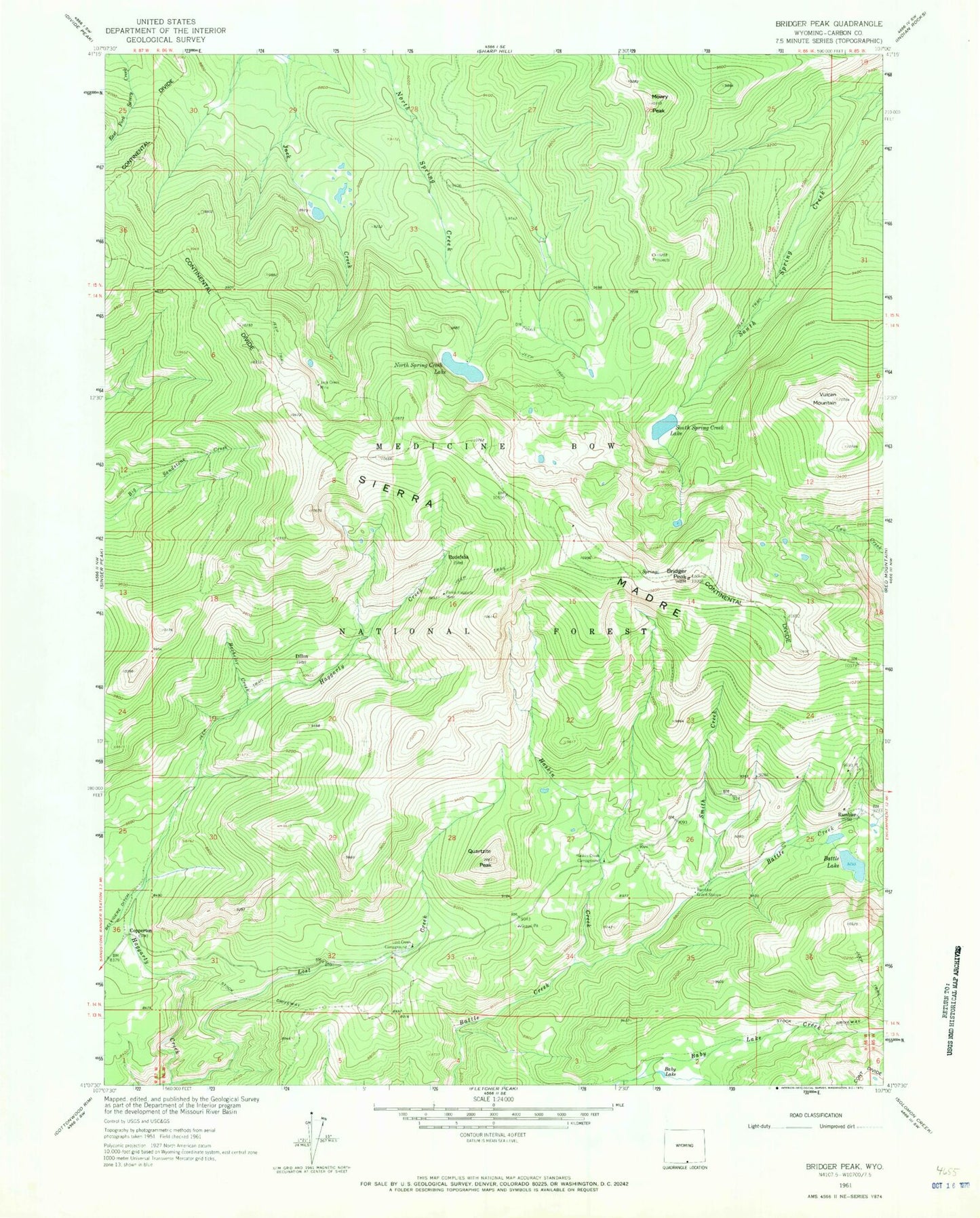 Classic USGS Bridger Peak Wyoming 7.5'x7.5' Topo Map Image
