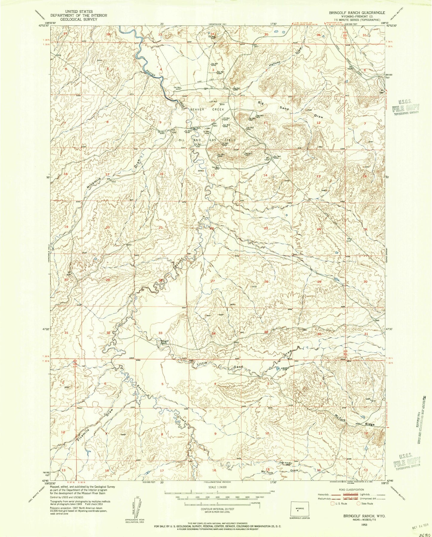 Classic USGS Bringolf Ranch Wyoming 7.5'x7.5' Topo Map Image
