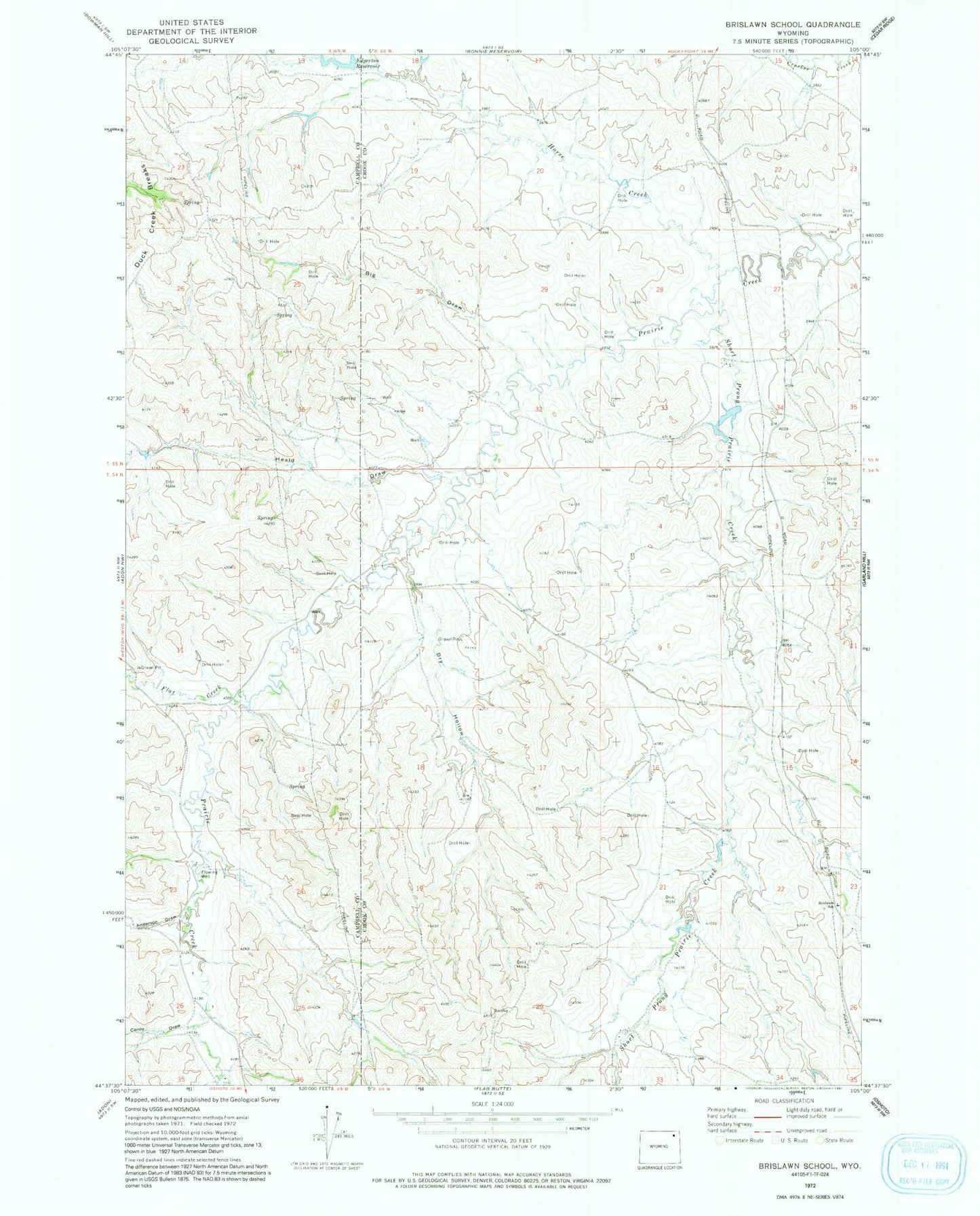 Classic USGS Brislawn School Wyoming 7.5'x7.5' Topo Map Image