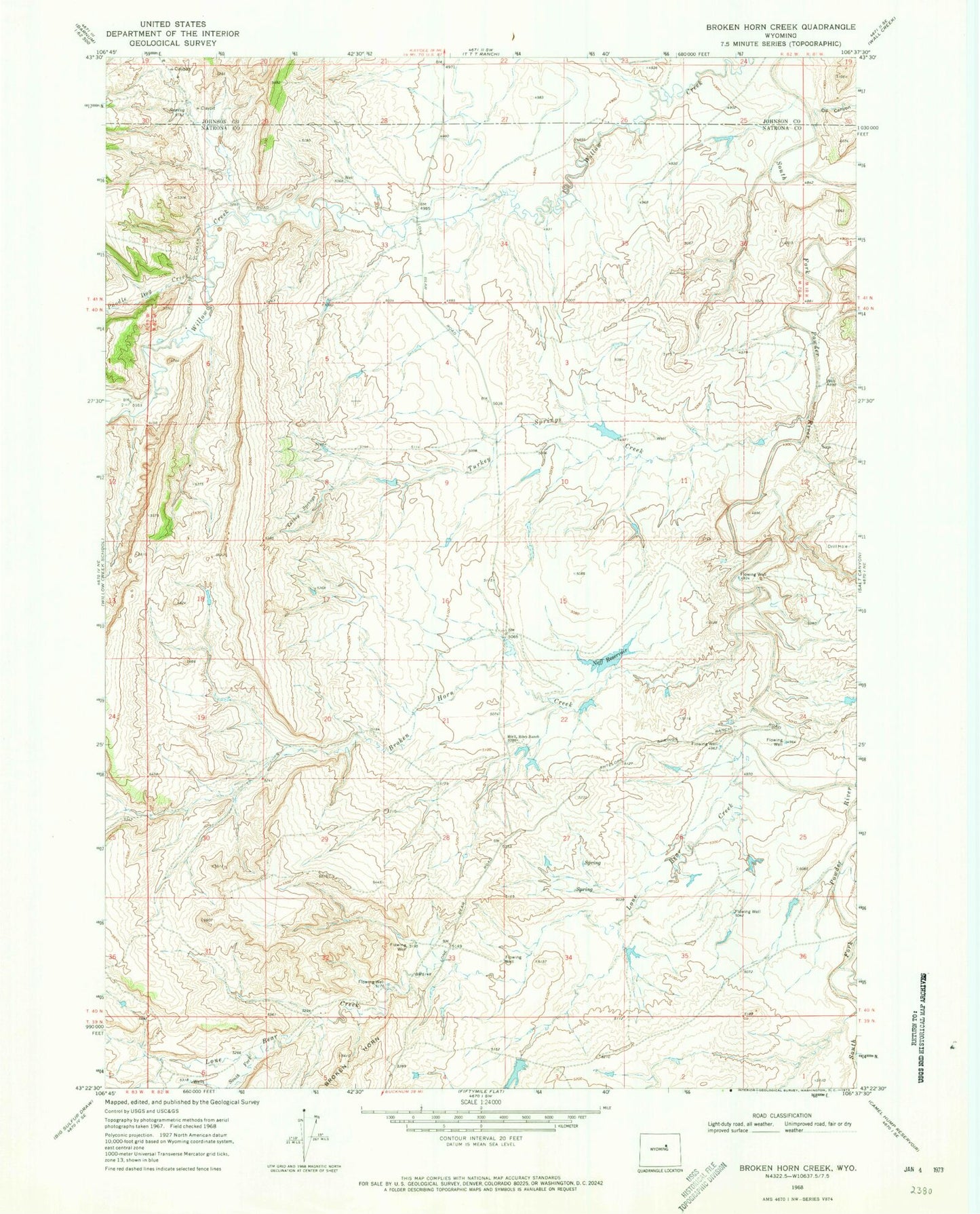 Classic USGS Broken Horn Creek Wyoming 7.5'x7.5' Topo Map Image