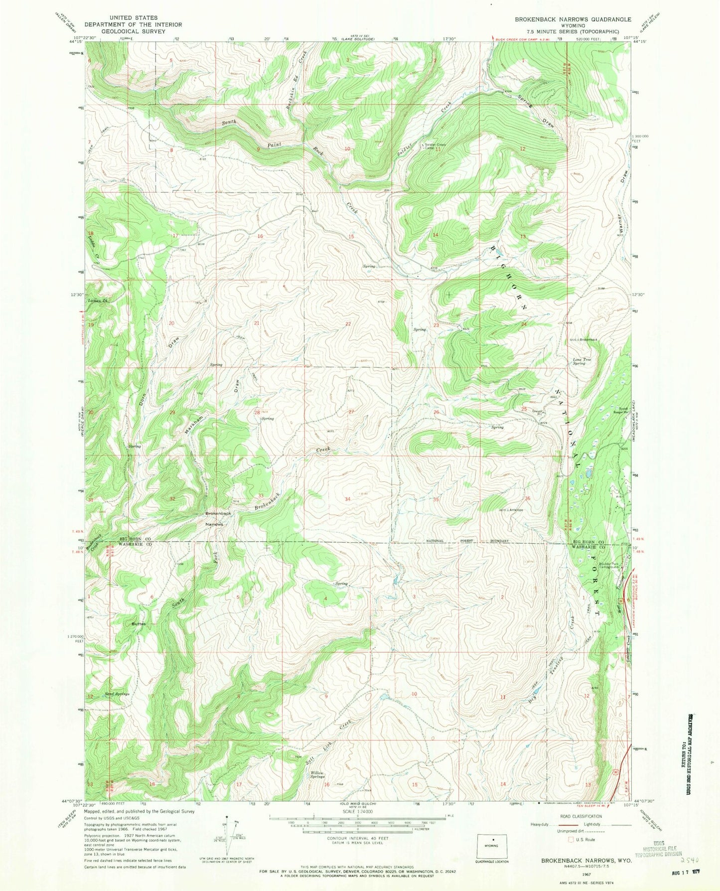 Classic USGS Brokenback Narrows Wyoming 7.5'x7.5' Topo Map Image