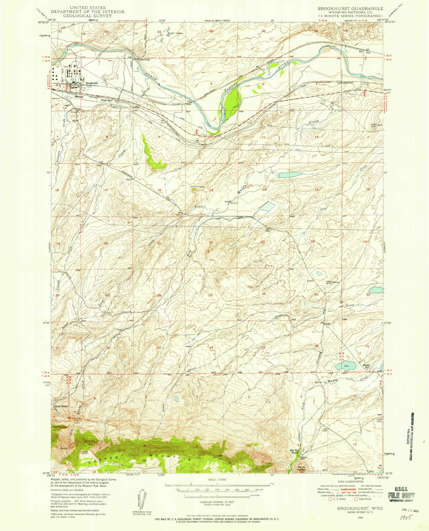 Classic USGS Brookhurst Wyoming 7.5'x7.5' Topo Map Image