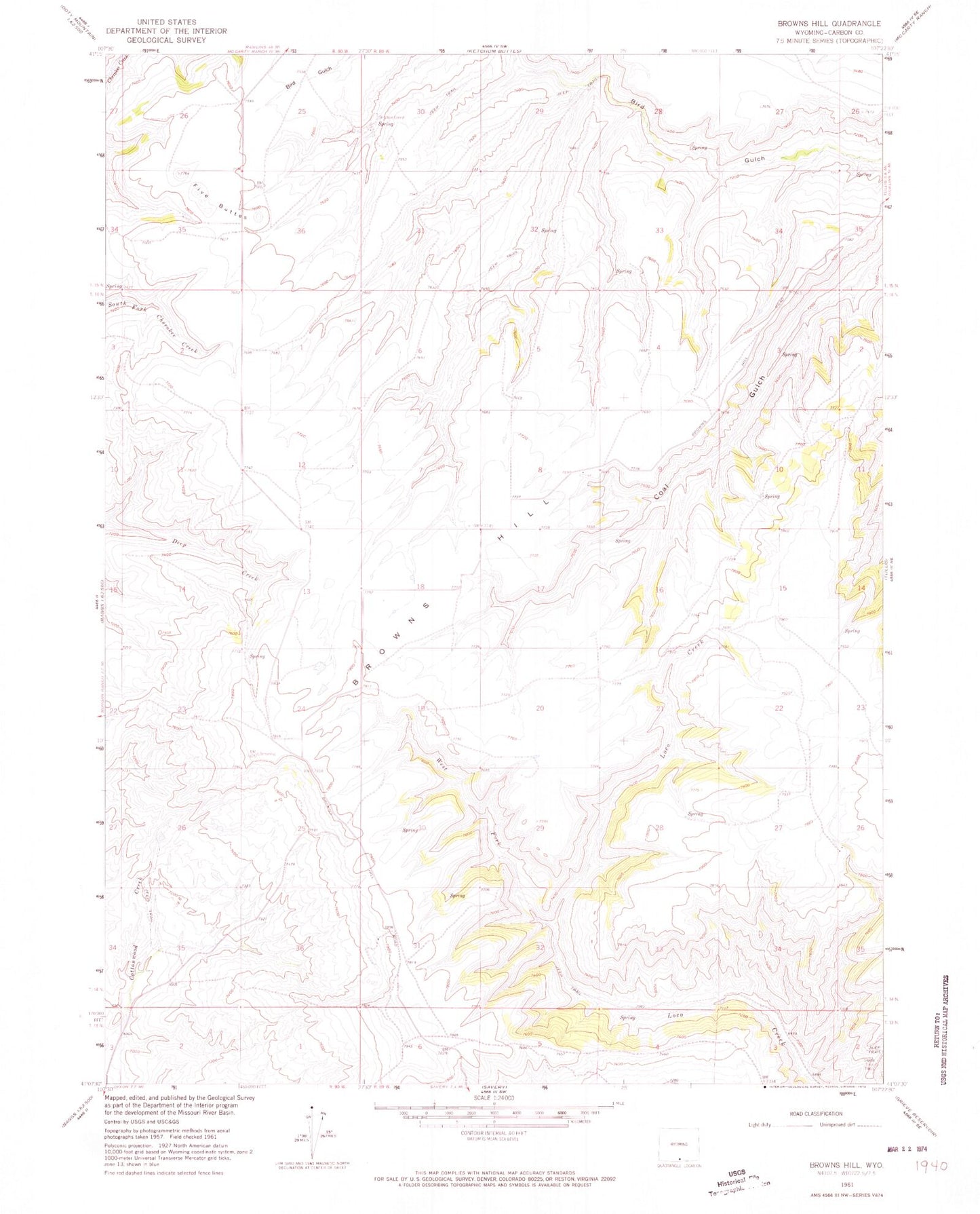 Classic USGS Browns Hill Wyoming 7.5'x7.5' Topo Map Image
