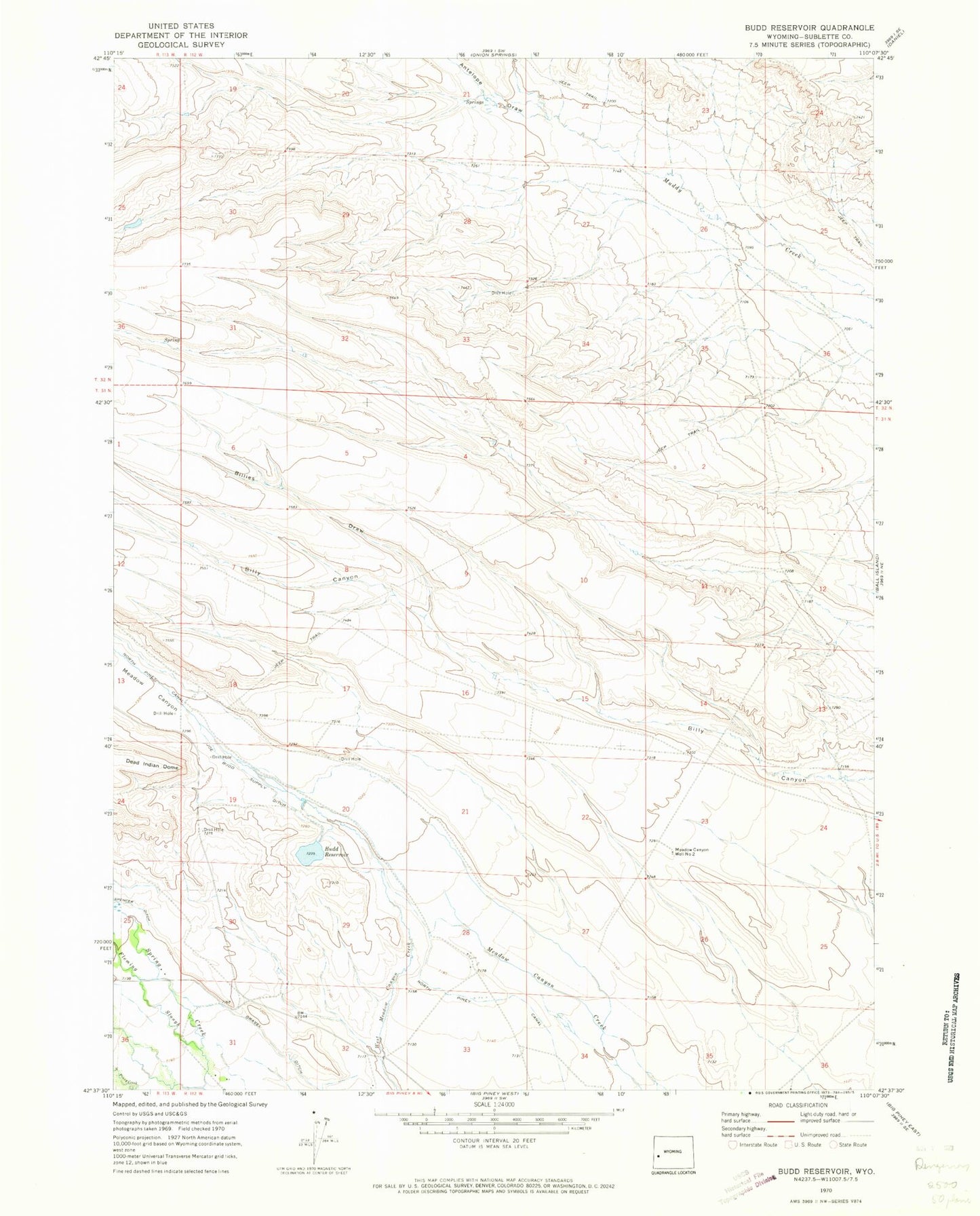 Classic USGS Budd Reservoir Wyoming 7.5'x7.5' Topo Map Image