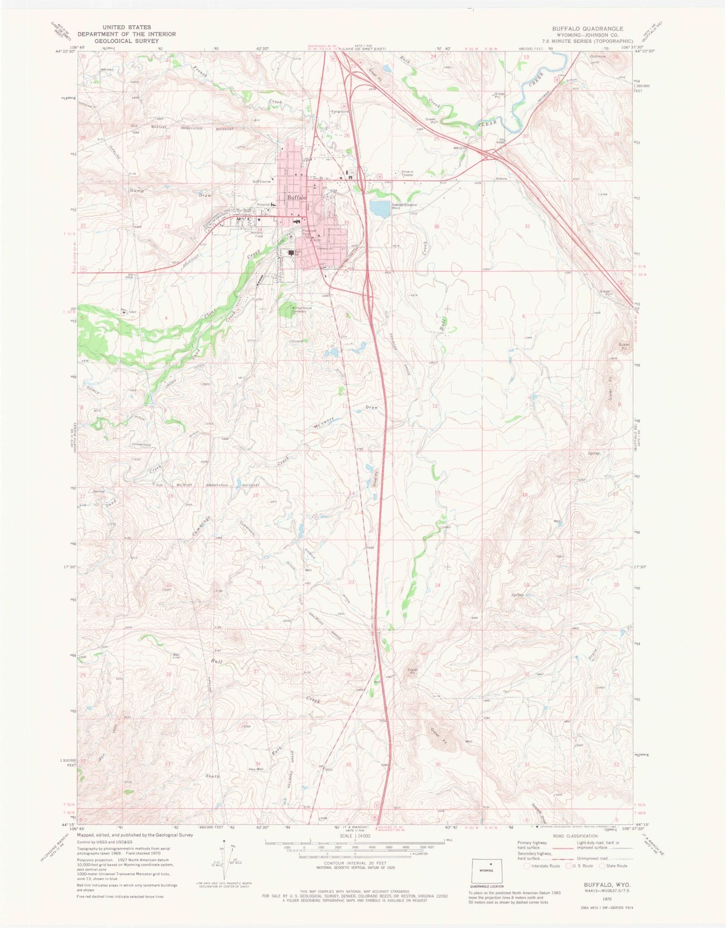 Classic USGS Buffalo Wyoming 7.5'x7.5' Topo Map Image