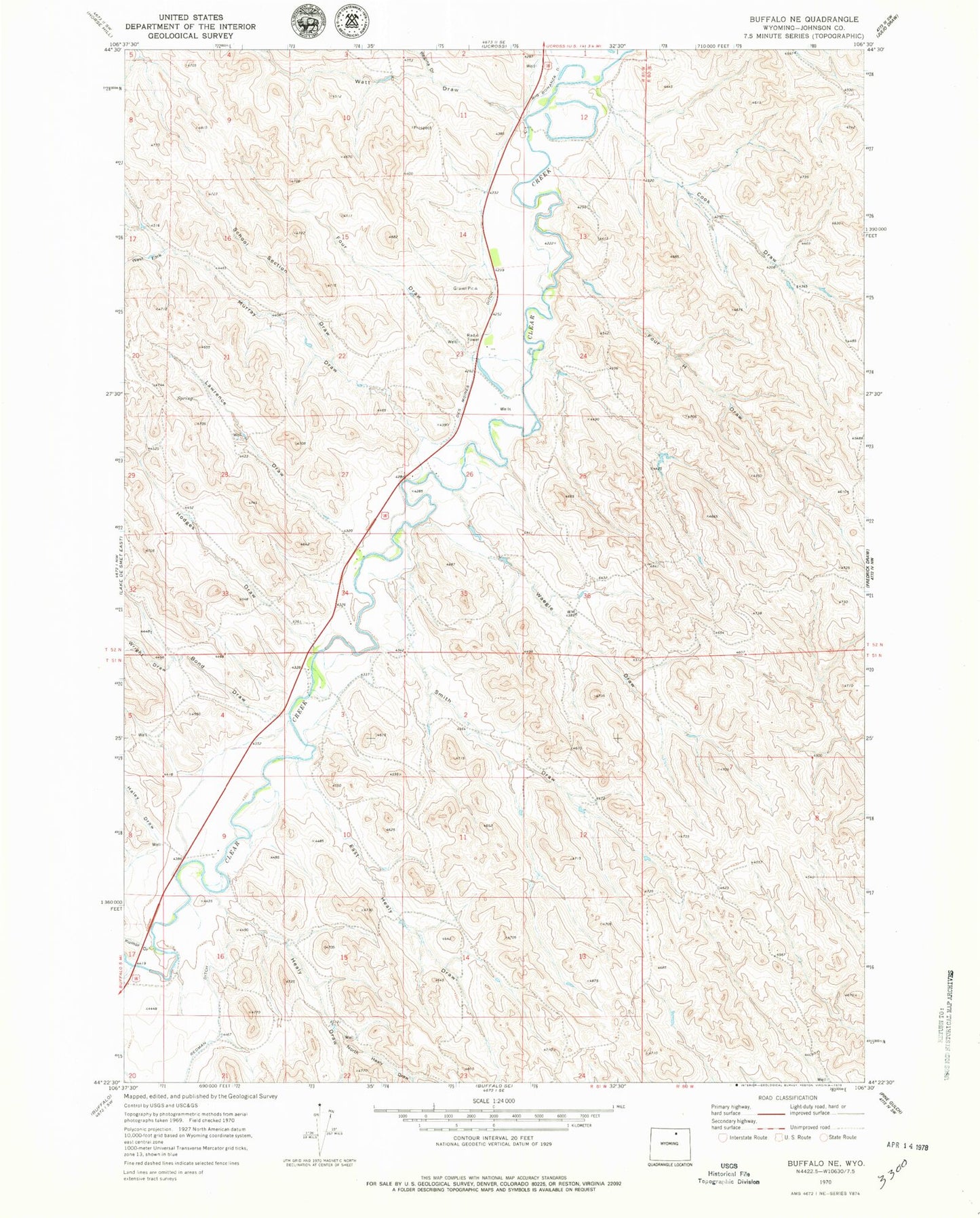 Classic USGS Buffalo NE Wyoming 7.5'x7.5' Topo Map Image