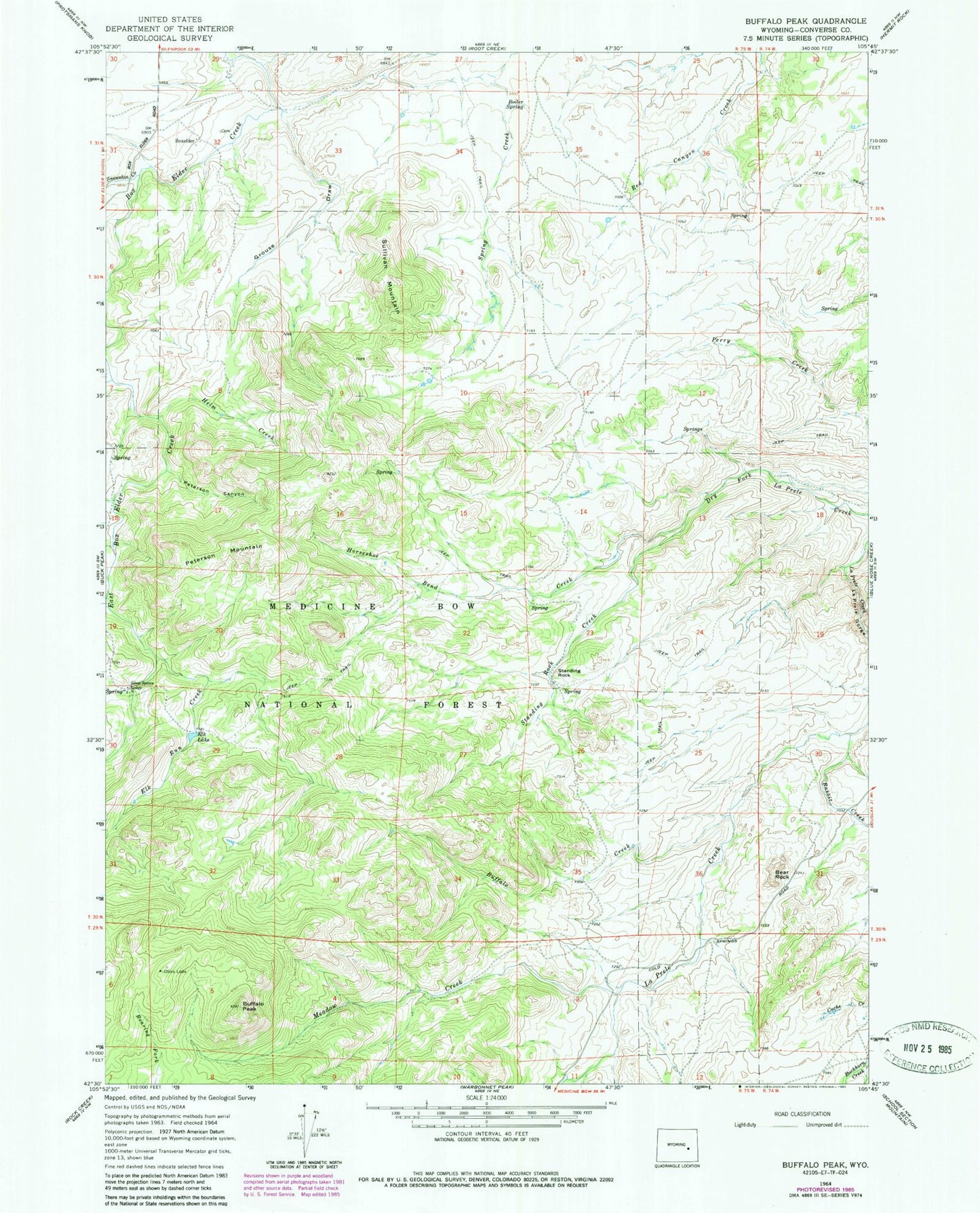 Classic USGS Buffalo Peak Wyoming 7.5'x7.5' Topo Map Image