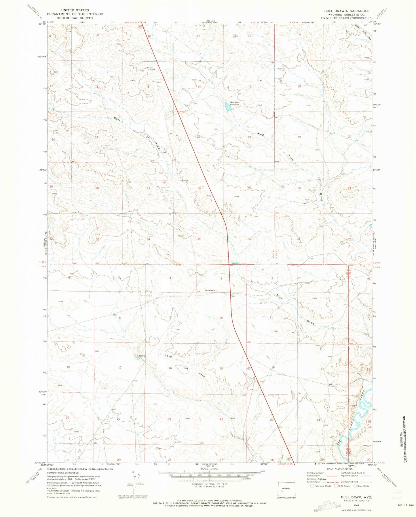 Classic USGS Bull Draw Wyoming 7.5'x7.5' Topo Map Image