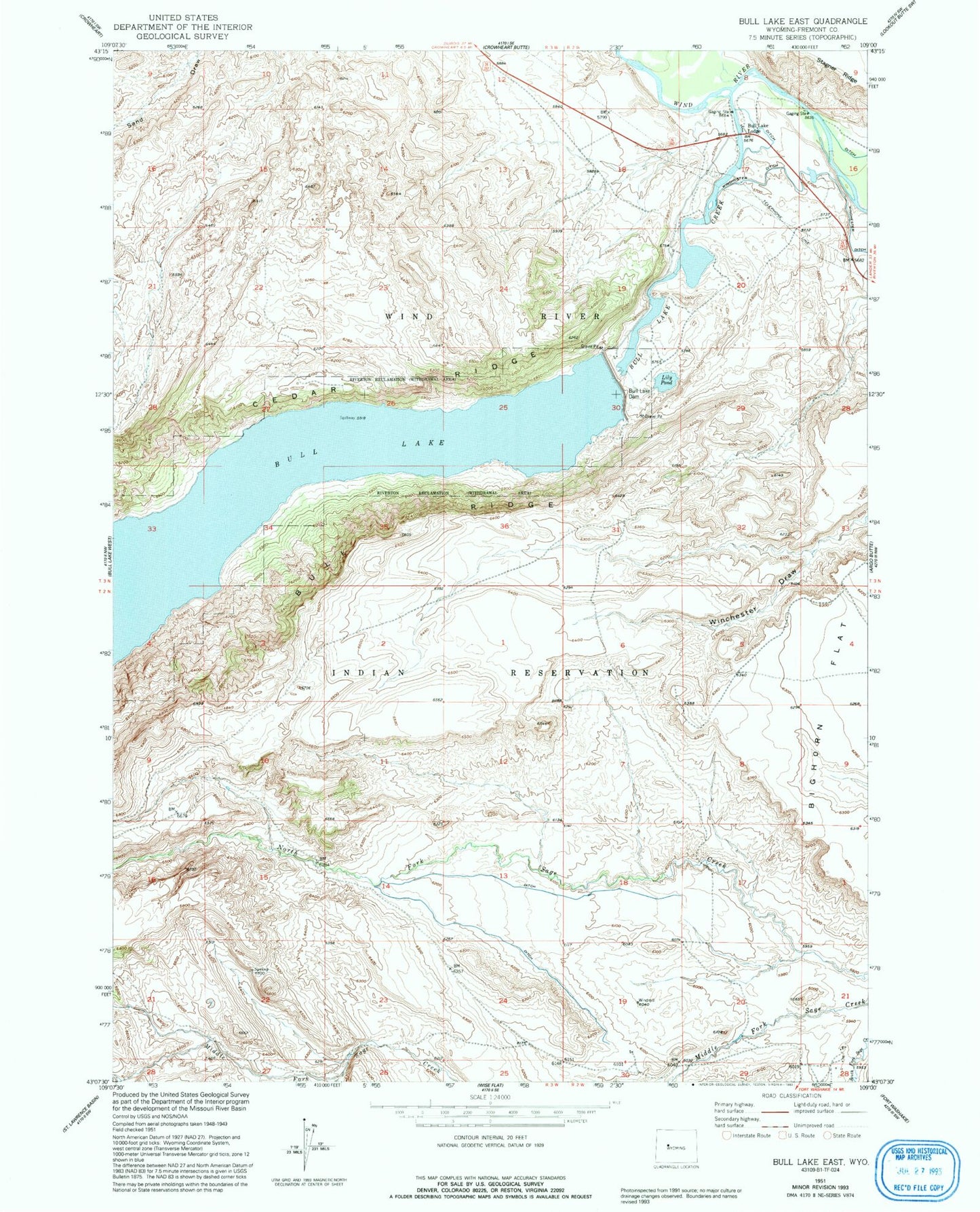 Classic USGS Bull Lake East Wyoming 7.5'x7.5' Topo Map Image
