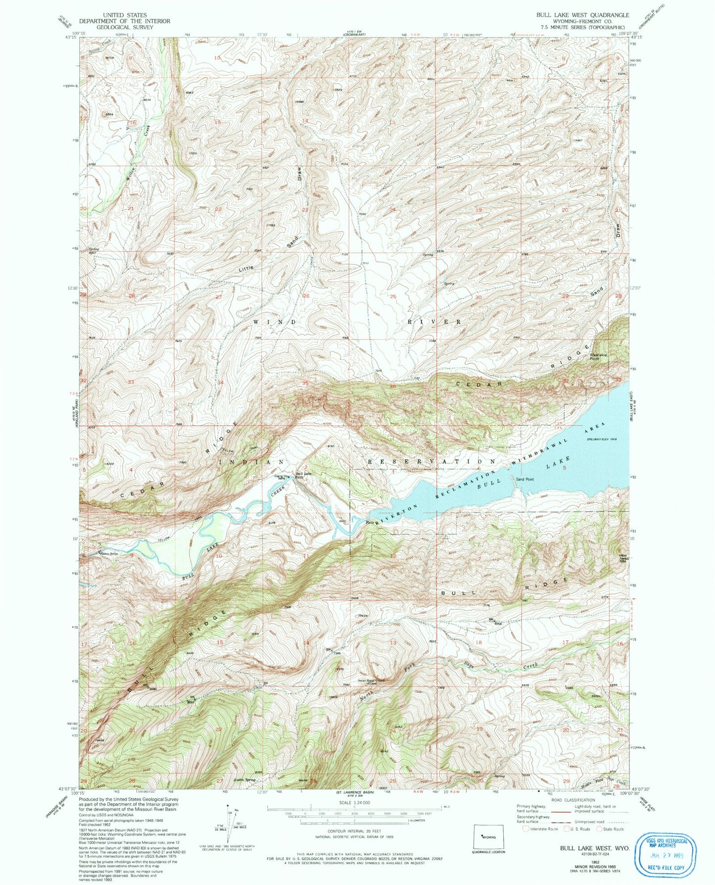 Classic USGS Bull Lake West Wyoming 7.5'x7.5' Topo Map Image