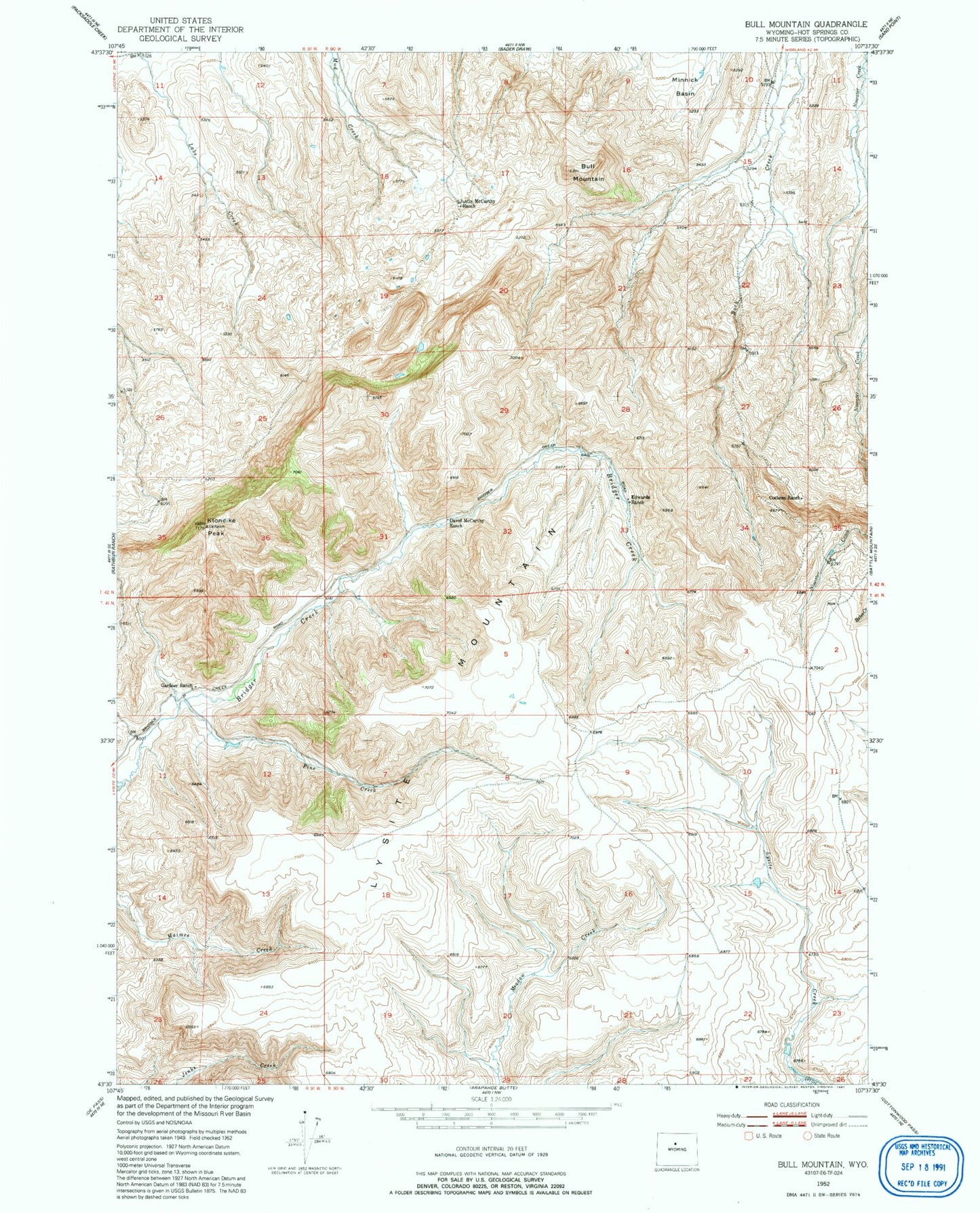 Classic USGS Bull Mountain Wyoming 7.5'x7.5' Topo Map Image