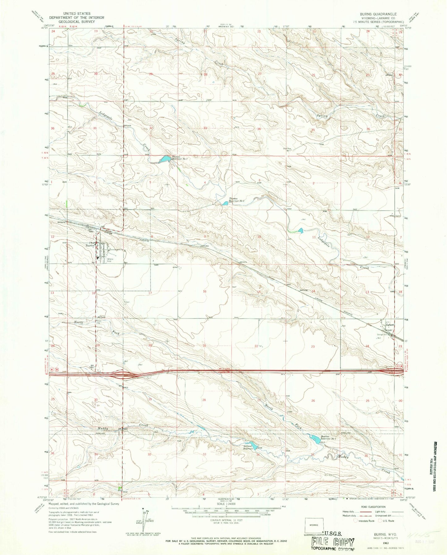 Classic USGS Burns Wyoming 7.5'x7.5' Topo Map Image
