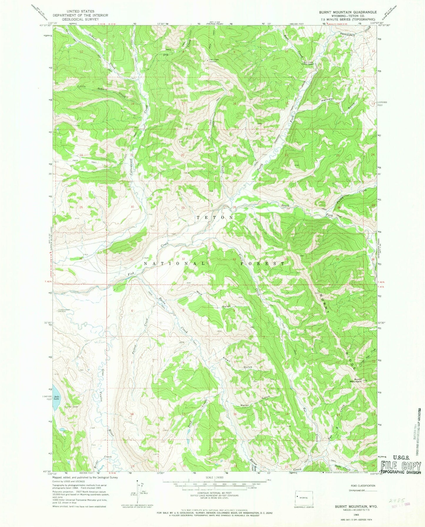 Classic USGS Burnt Mountain Wyoming 7.5'x7.5' Topo Map Image