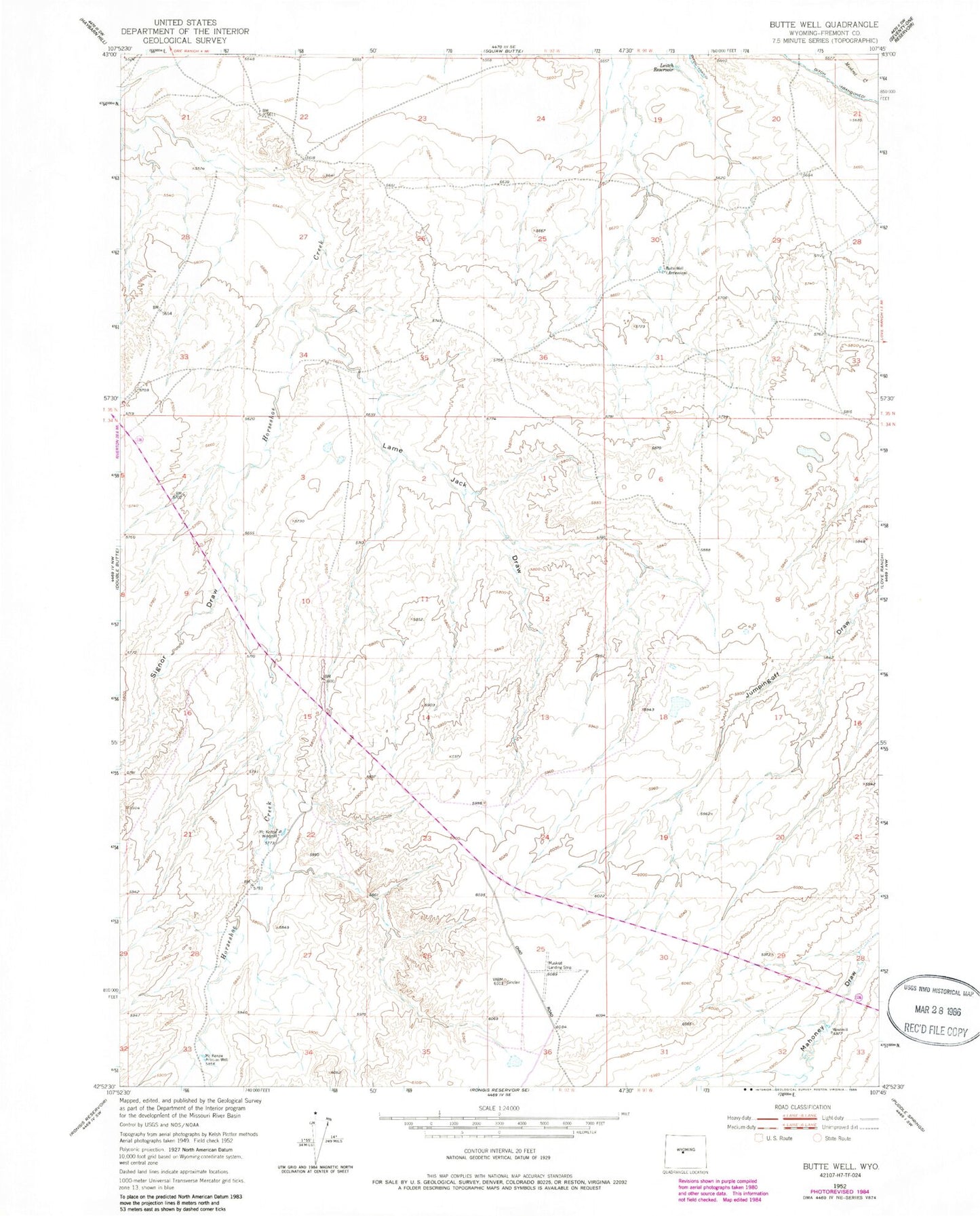 Classic USGS Butte Well Wyoming 7.5'x7.5' Topo Map Image