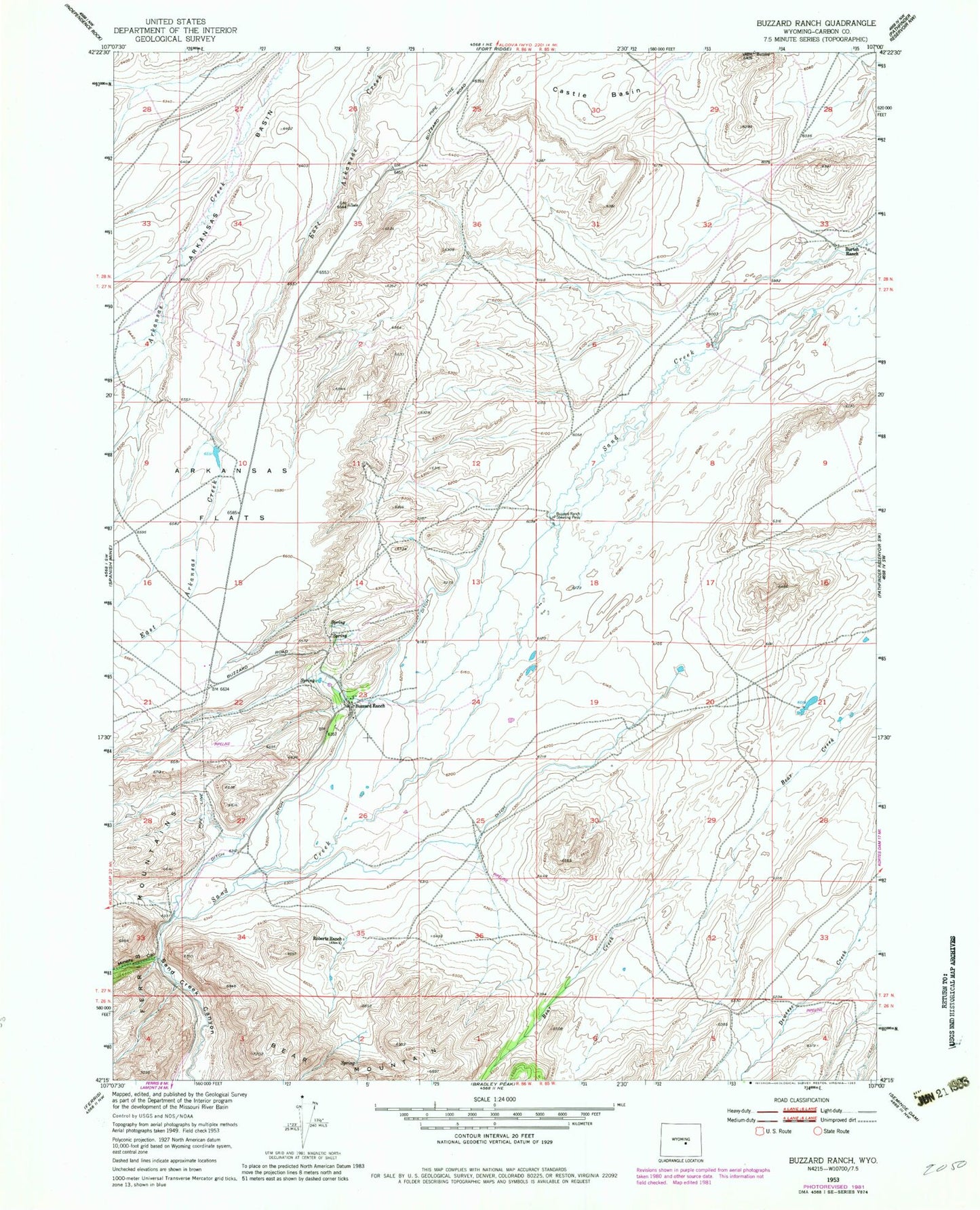 Classic USGS Buzzard Ranch Wyoming 7.5'x7.5' Topo Map Image