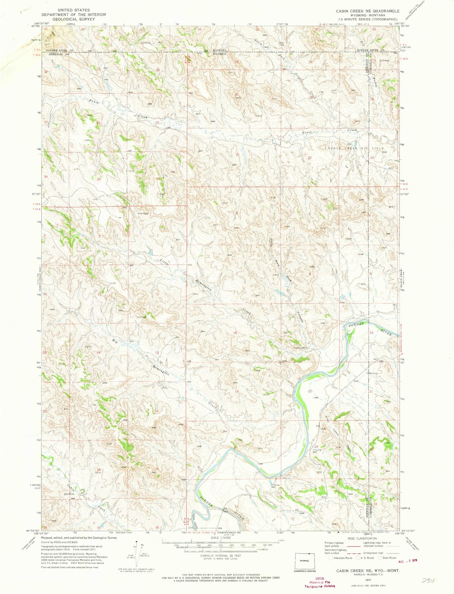 Classic USGS Cabin Creek NE Wyoming 7.5'x7.5' Topo Map Image