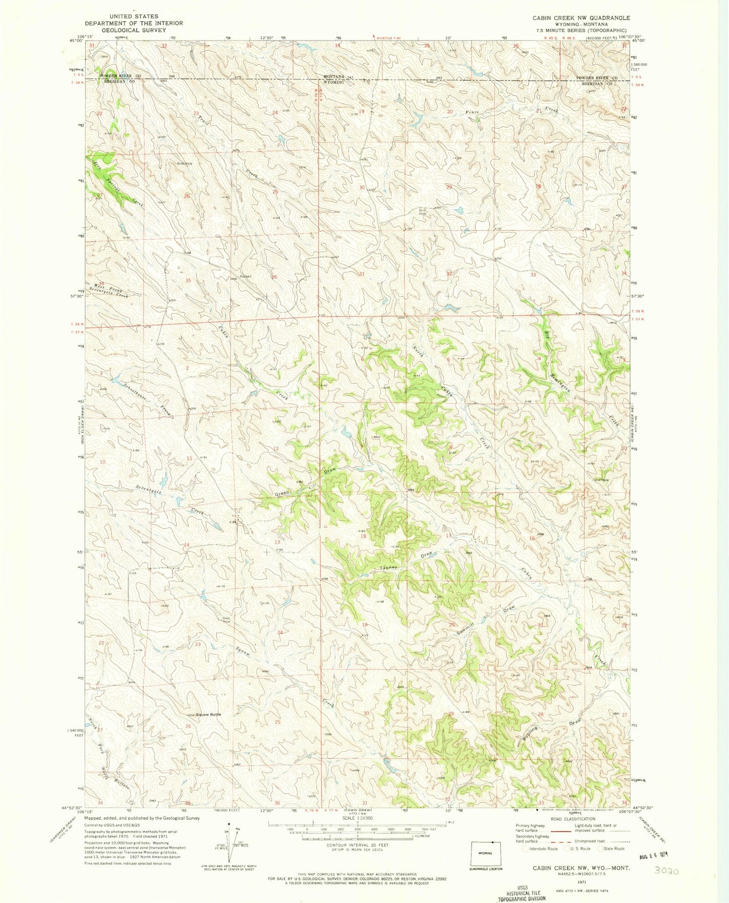 Classic USGS Cabin Creek NW Wyoming 7.5'x7.5' Topo Map Image