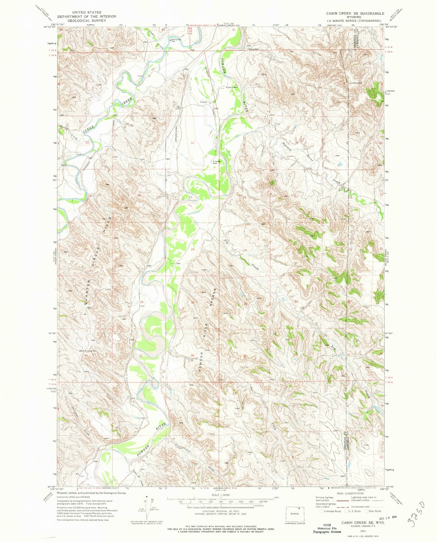 Classic USGS Cabin Creek SE Wyoming 7.5'x7.5' Topo Map Image