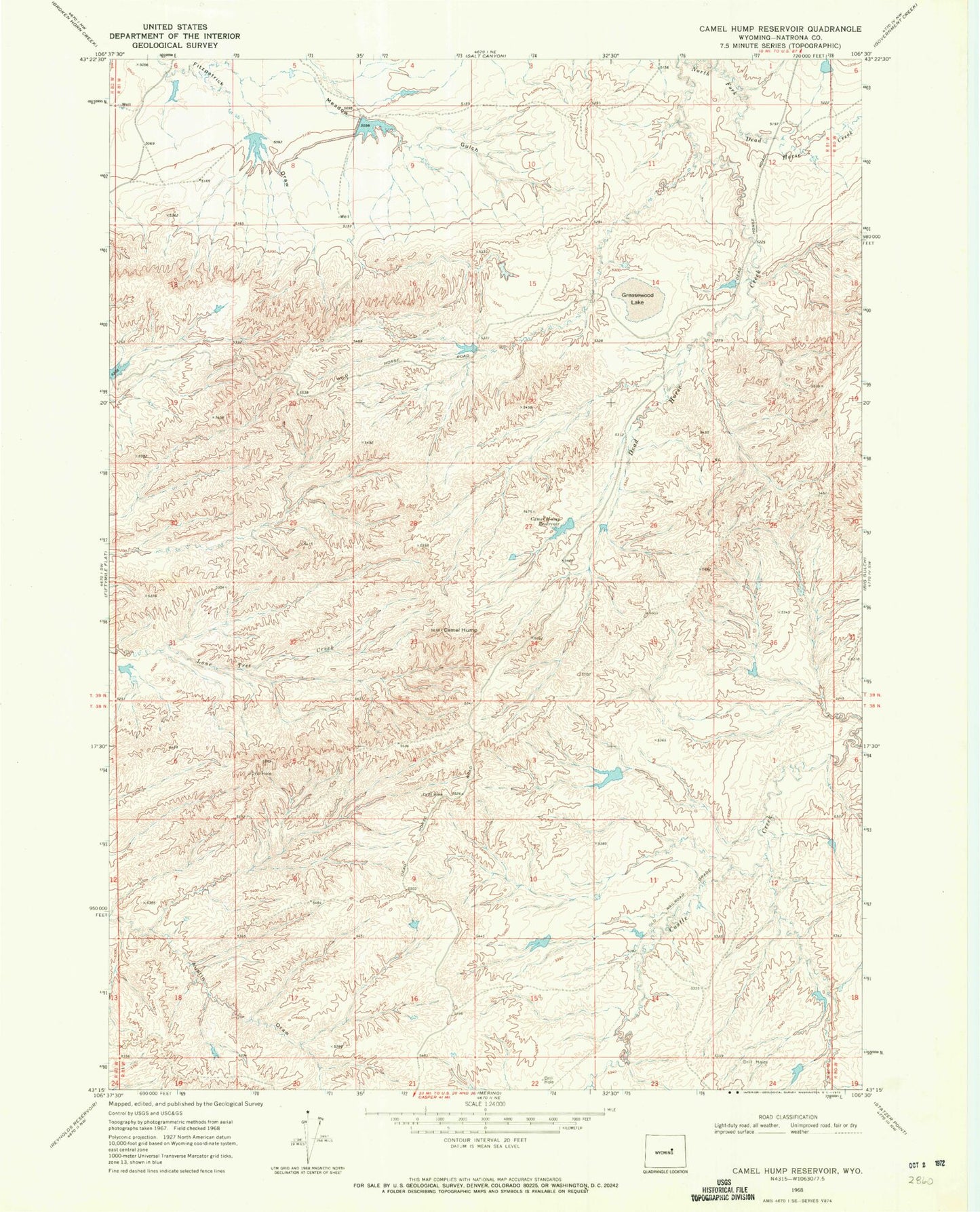 Classic USGS Camel Hump Reservoir Wyoming 7.5'x7.5' Topo Map Image