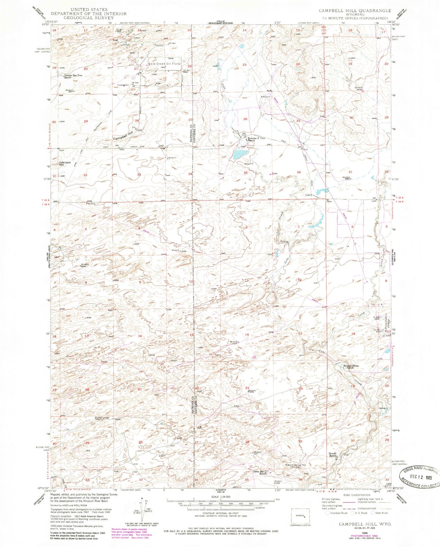 Classic USGS Campbell Hill Wyoming 7.5'x7.5' Topo Map Image