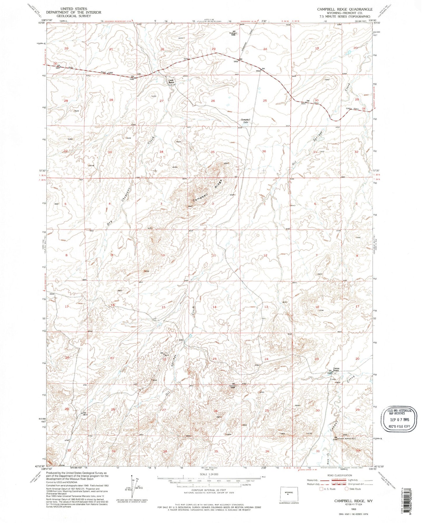 Classic USGS Campbell Ridge Wyoming 7.5'x7.5' Topo Map Image