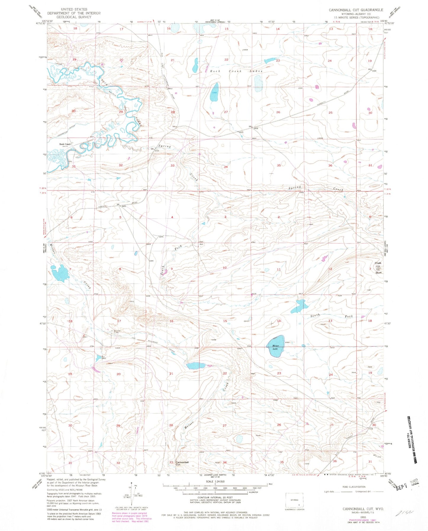 Classic USGS Cannonball Cut Wyoming 7.5'x7.5' Topo Map Image
