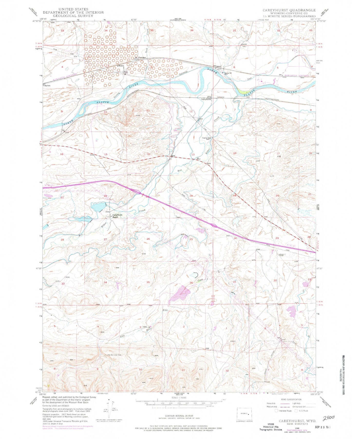 Classic USGS Careyhurst Wyoming 7.5'x7.5' Topo Map Image