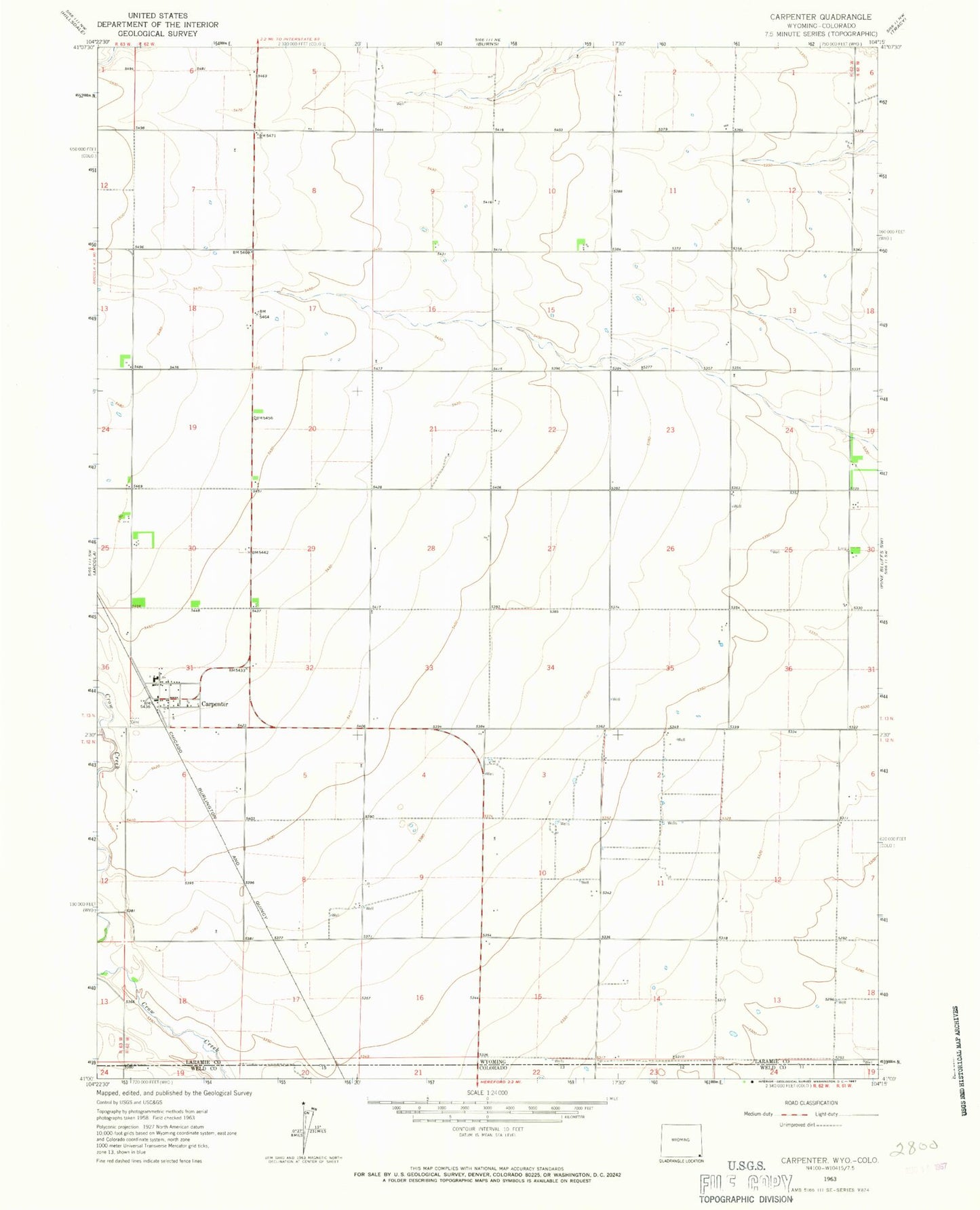 Classic USGS Carpenter Wyoming 7.5'x7.5' Topo Map Image