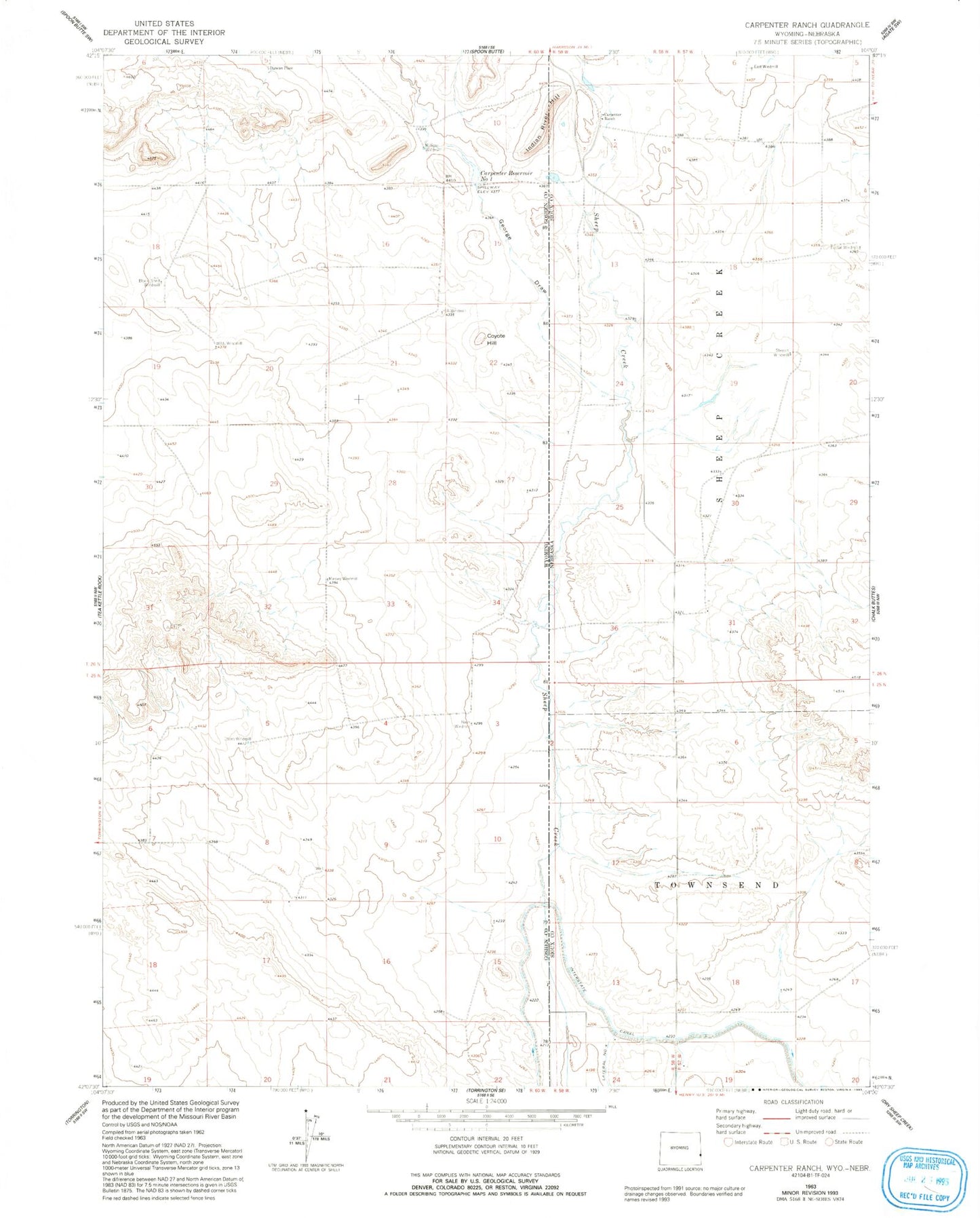 Classic USGS Carpenter Ranch Nebraska 7.5'x7.5' Topo Map Image