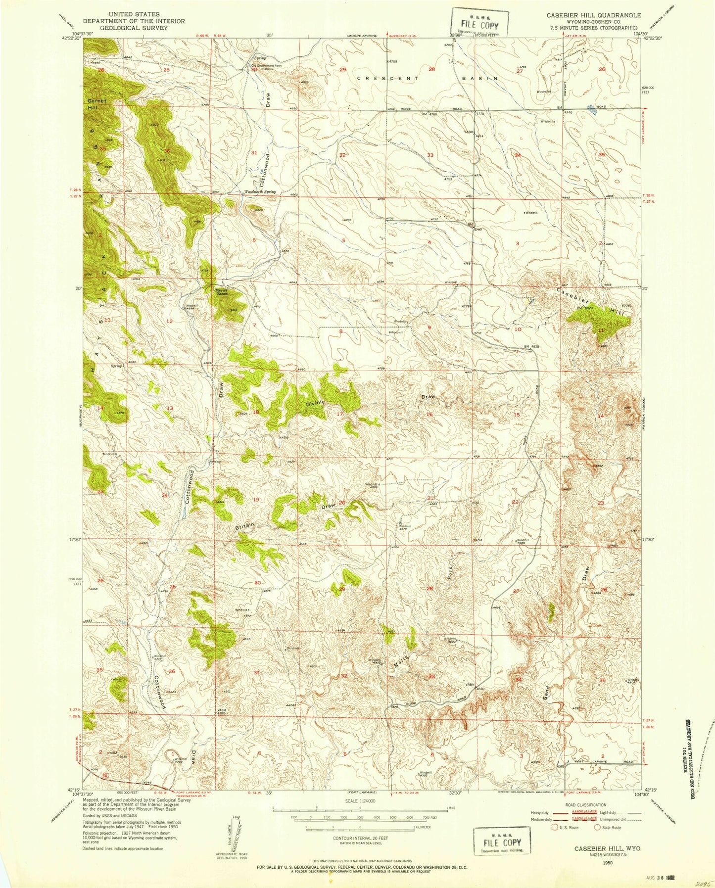 Classic USGS Casebier Hill Wyoming 7.5'x7.5' Topo Map Image