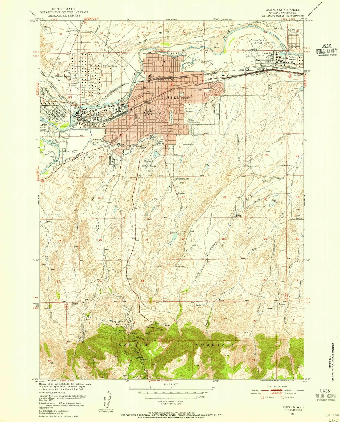 Classic USGS Casper Wyoming 7.5'x7.5' Topo Map Image