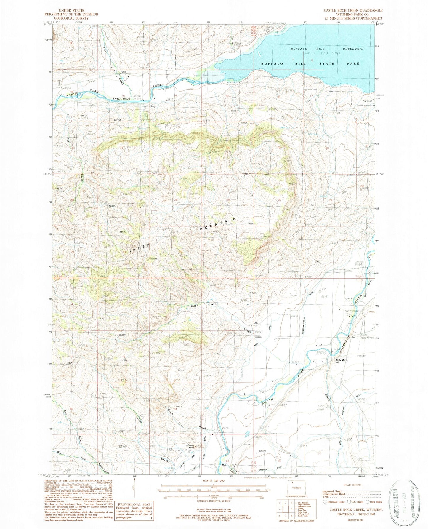 Classic USGS Castle Rock Creek Wyoming 7.5'x7.5' Topo Map Image