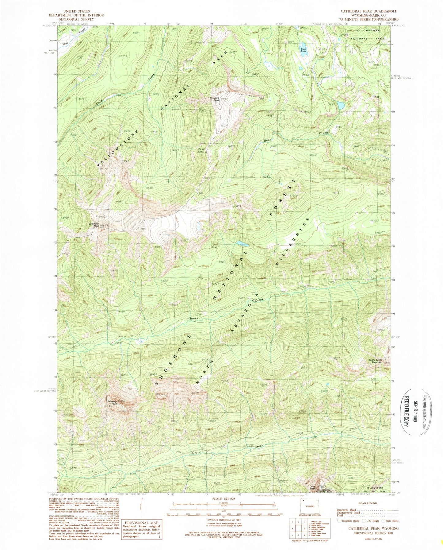 Classic USGS Cathedral Peak Wyoming 7.5'x7.5' Topo Map Image