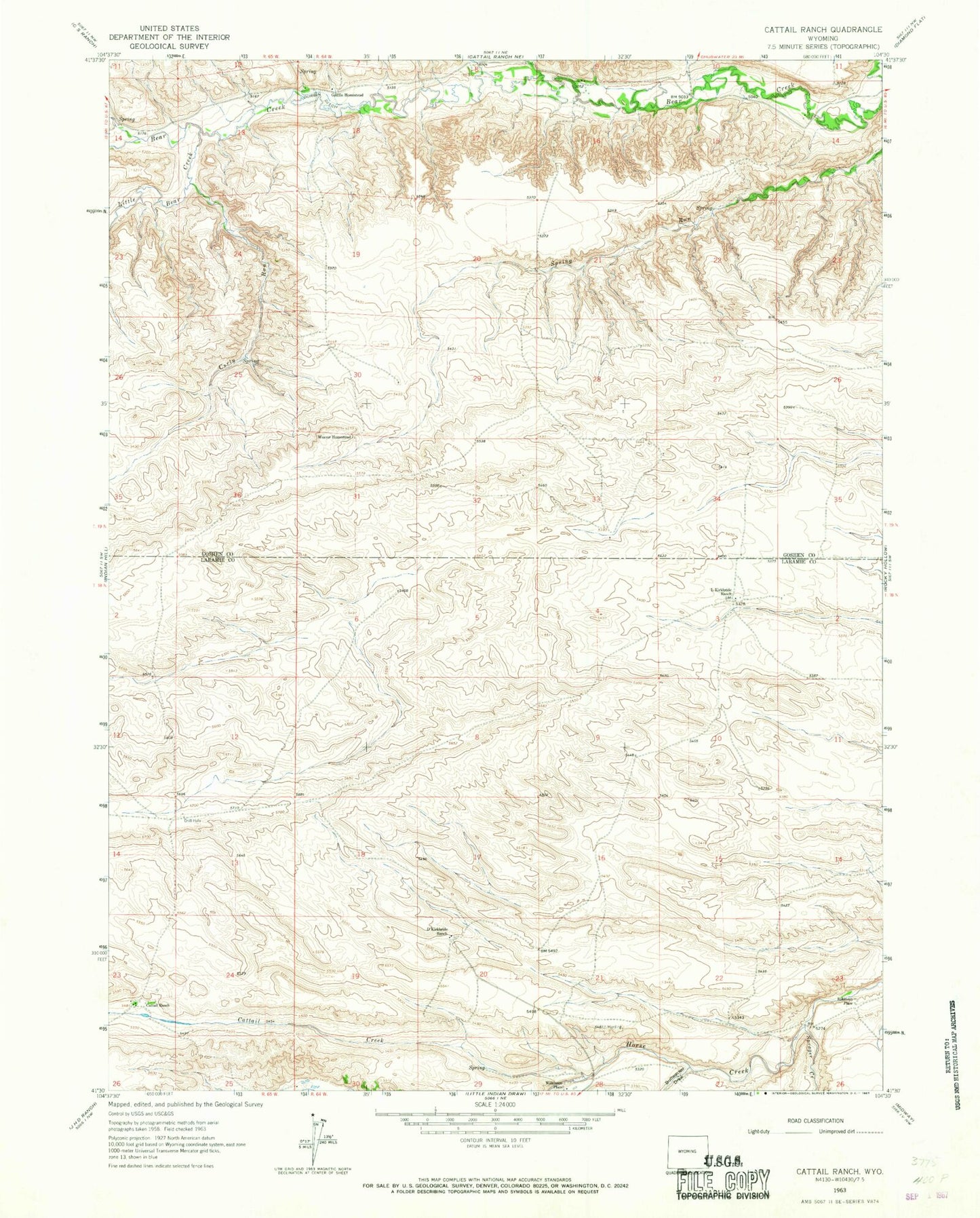 Classic USGS Cattail Ranch Wyoming 7.5'x7.5' Topo Map Image