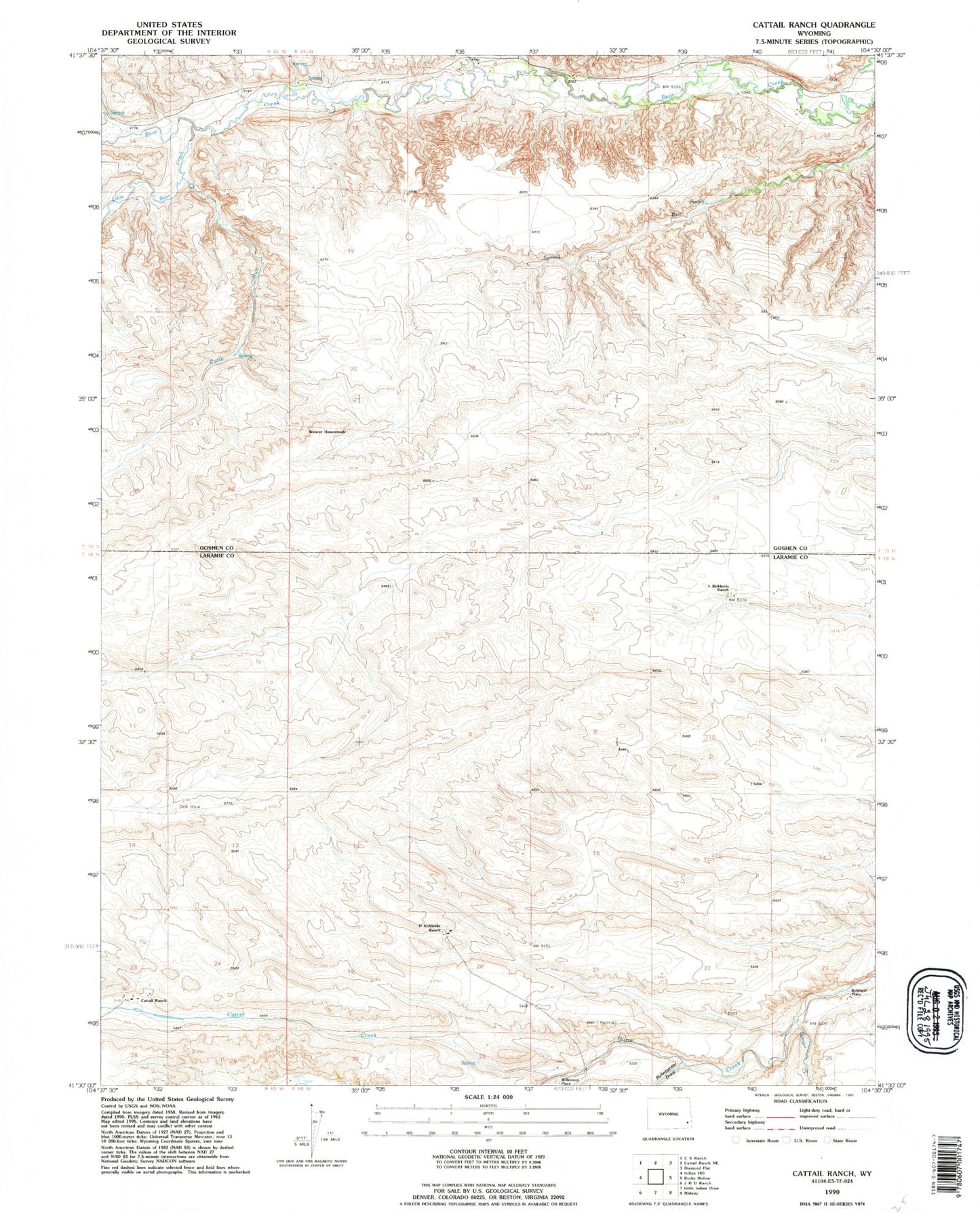 Classic USGS Cattail Ranch Wyoming 7.5'x7.5' Topo Map Image