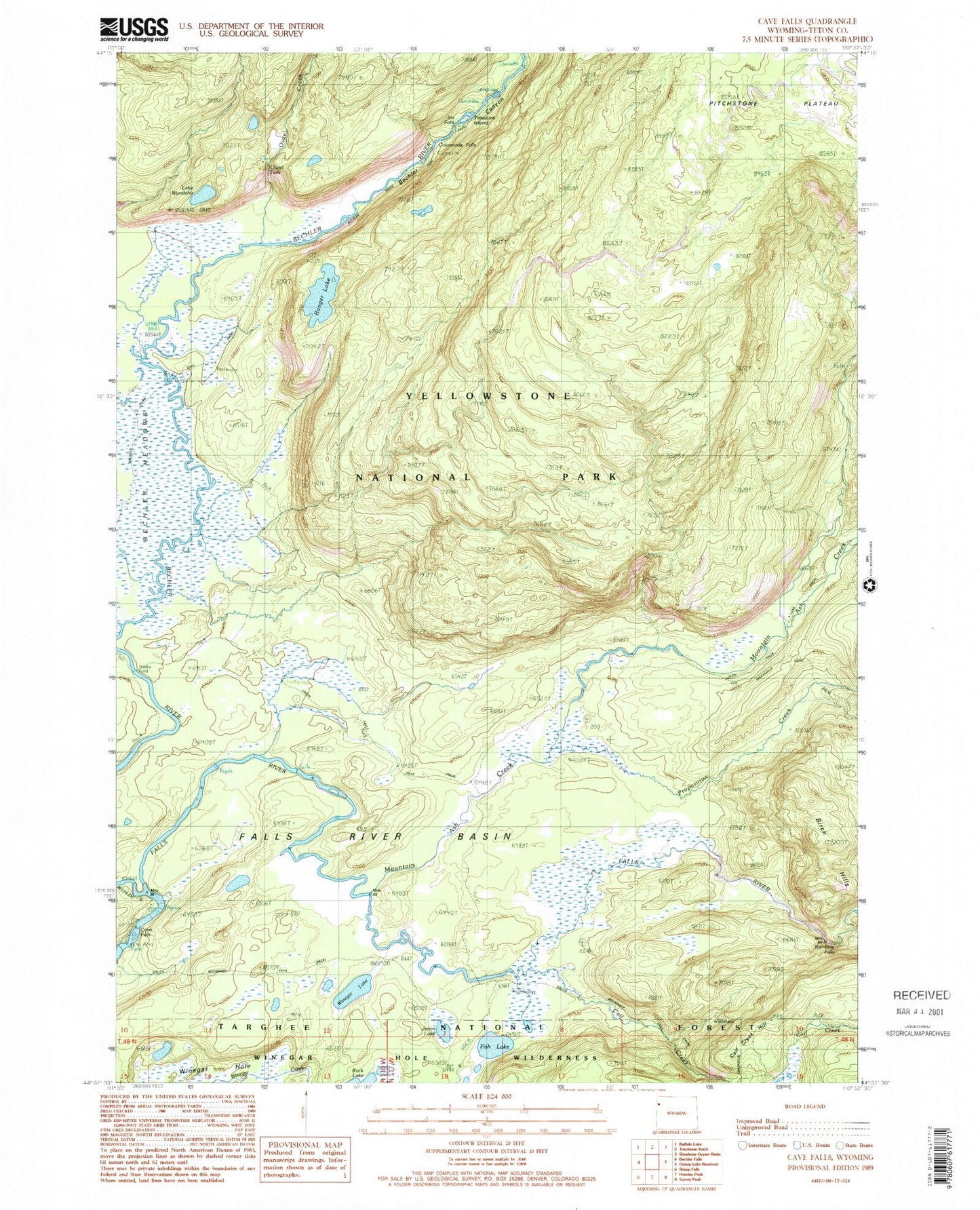 Classic USGS Cave Falls Wyoming 7.5'x7.5' Topo Map Image