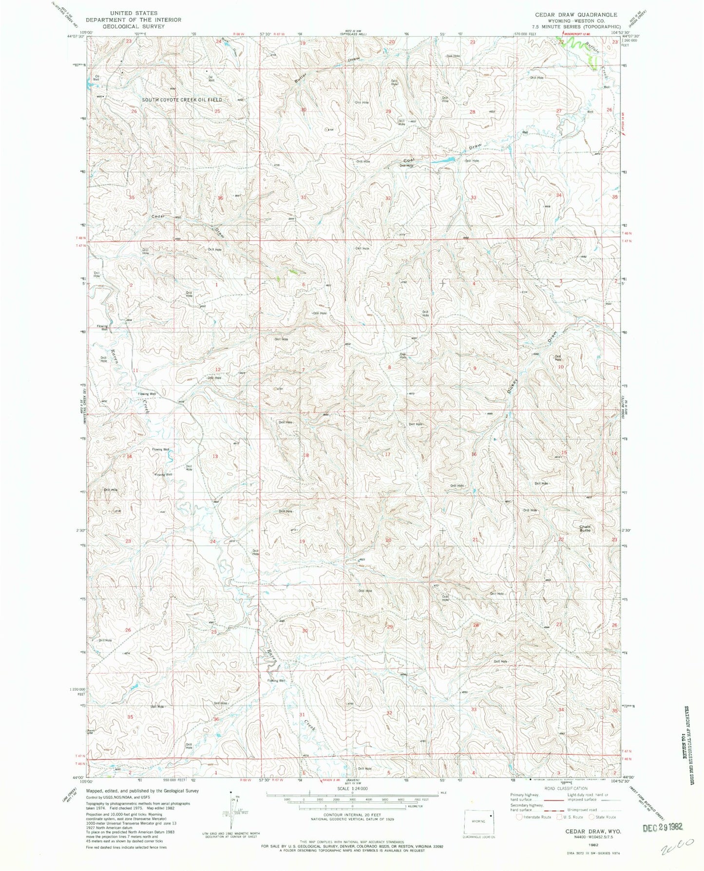 Classic USGS Cedar Draw Wyoming 7.5'x7.5' Topo Map Image