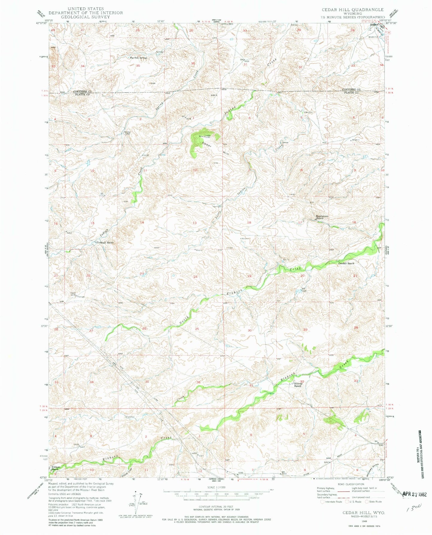 Classic USGS Cedar Hill Wyoming 7.5'x7.5' Topo Map Image
