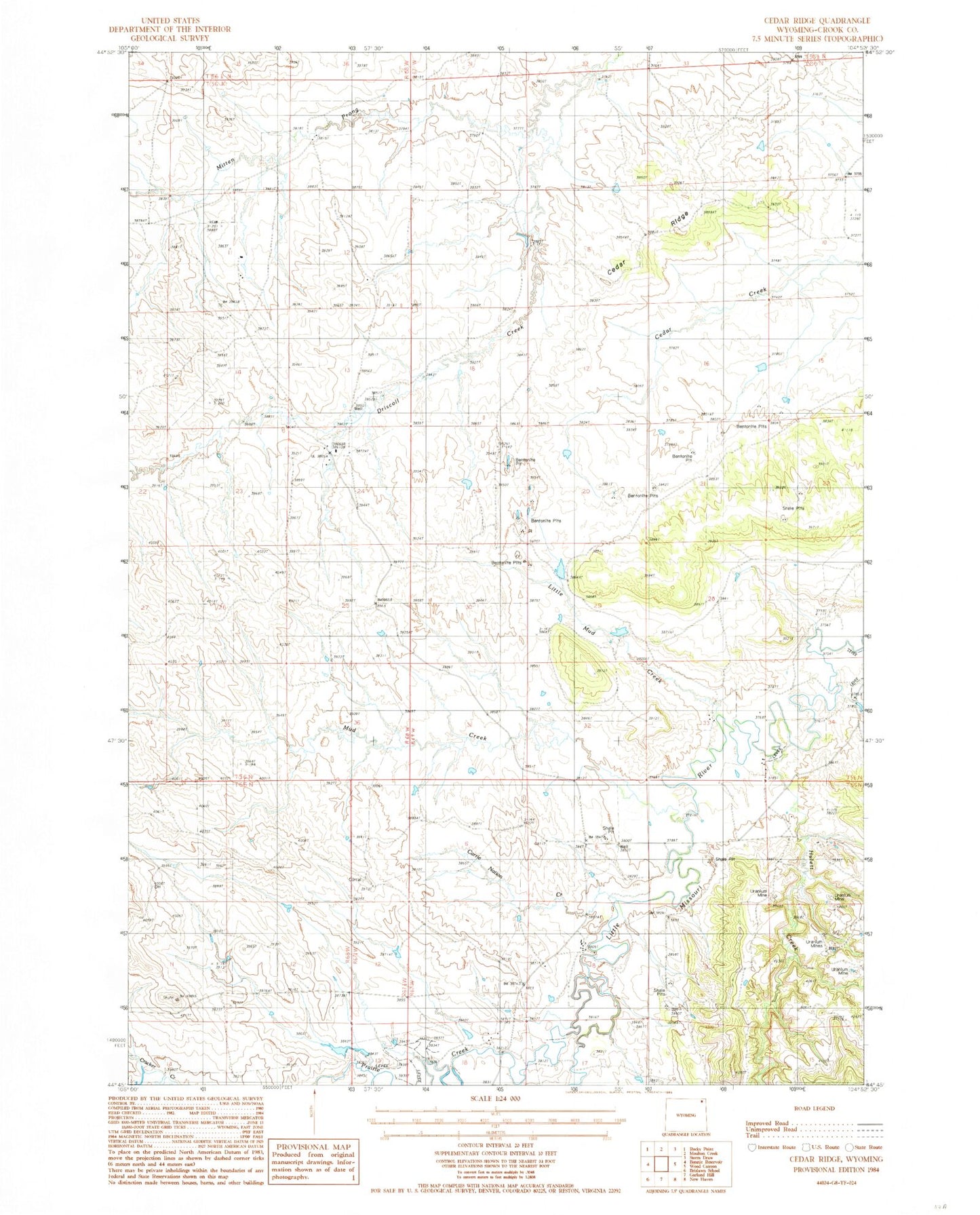 Classic USGS Cedar Ridge Wyoming 7.5'x7.5' Topo Map Image