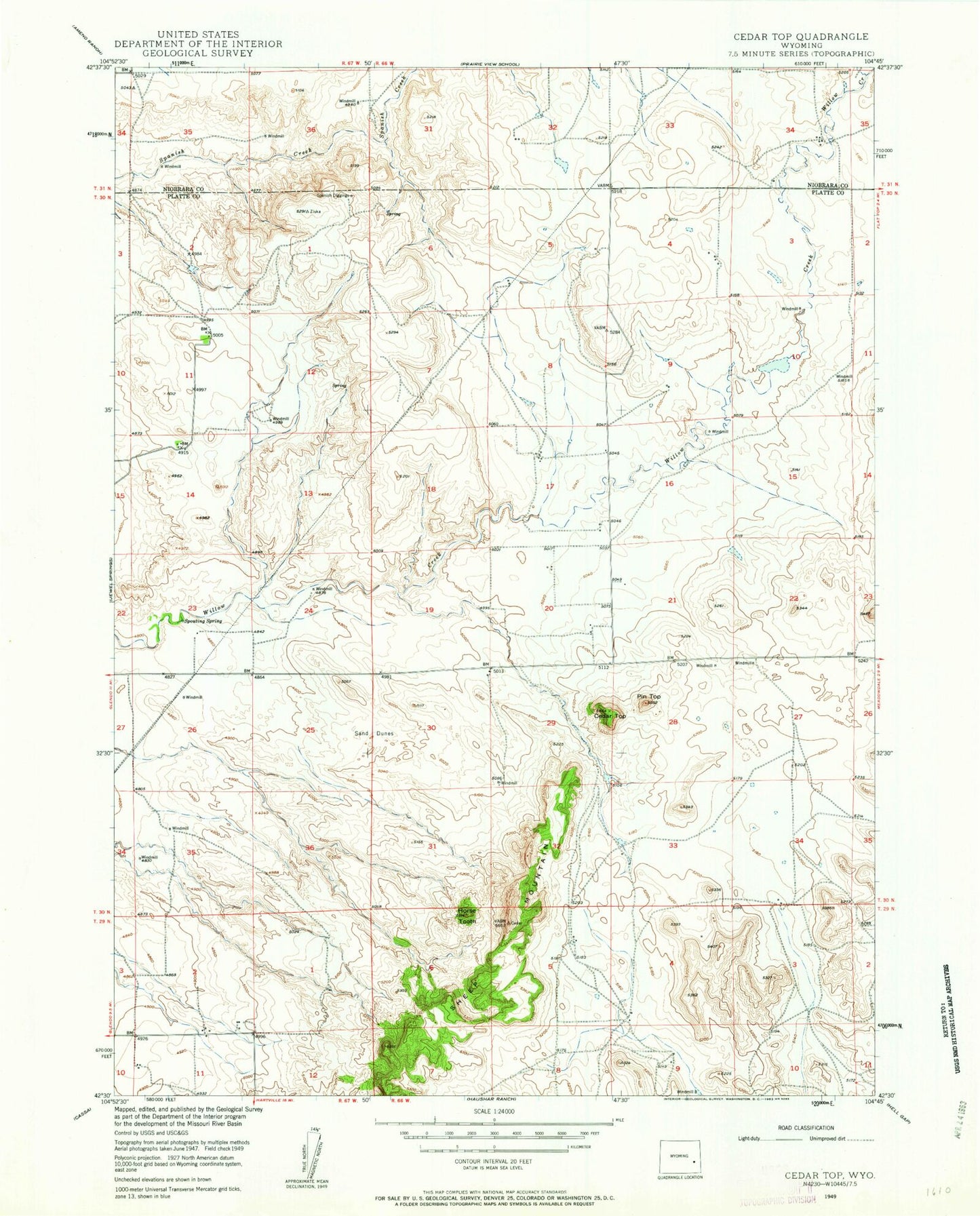 Classic USGS Cedar Top Wyoming 7.5'x7.5' Topo Map Image