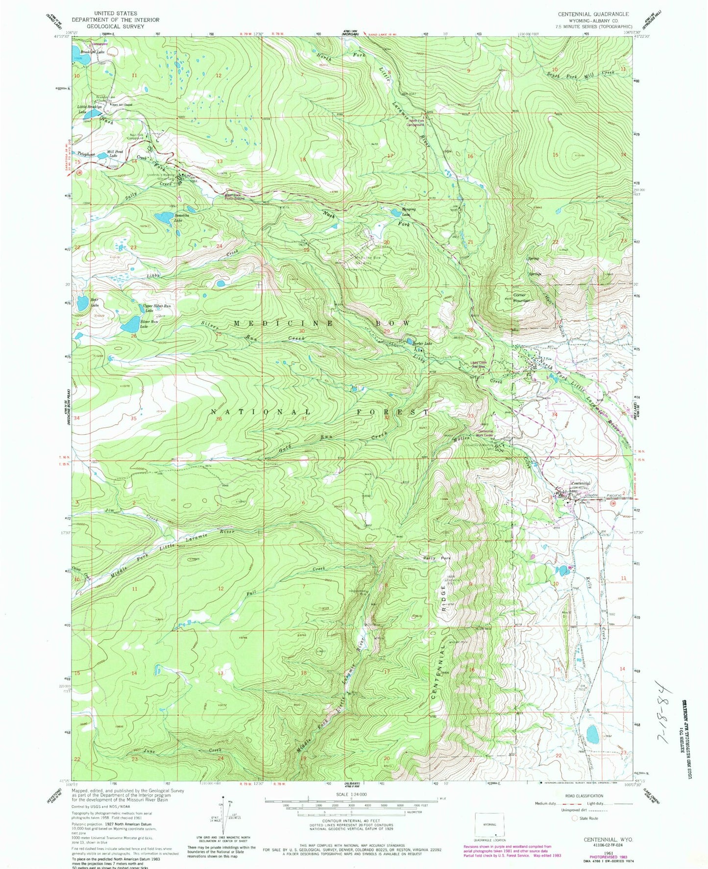 Classic USGS Centennial Wyoming 7.5'x7.5' Topo Map Image