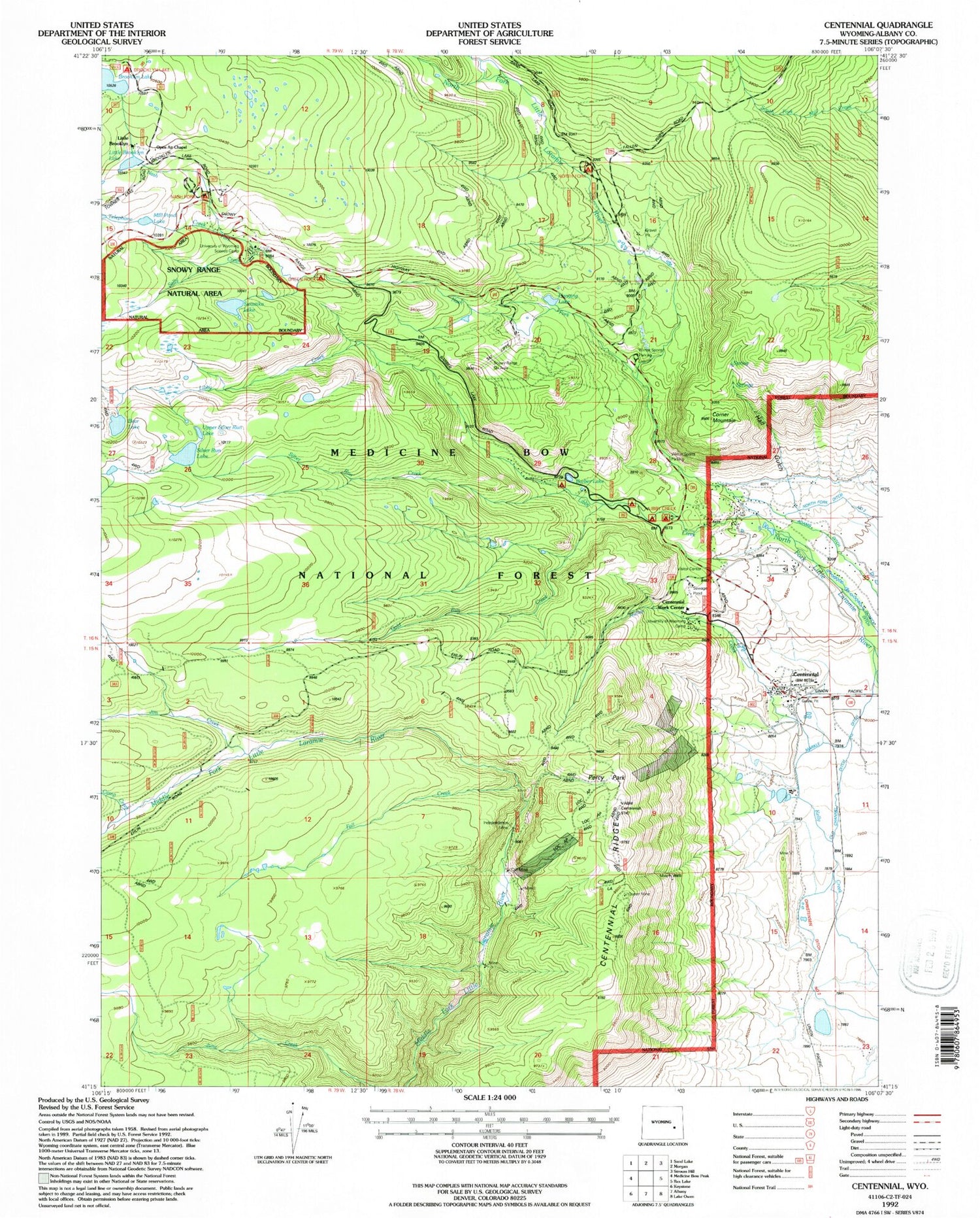 Classic USGS Centennial Wyoming 7.5'x7.5' Topo Map Image