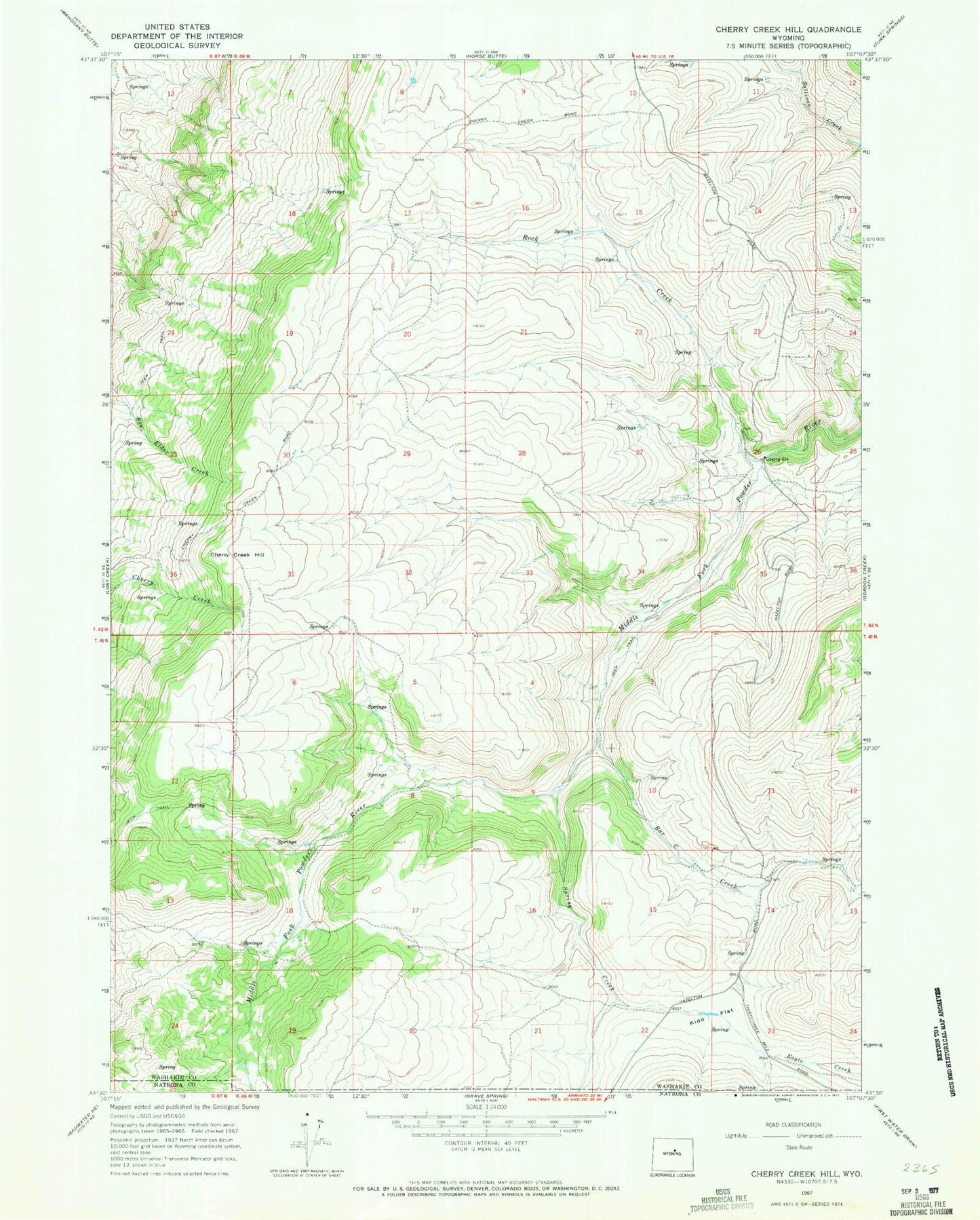Classic USGS Cherry Creek Hill Wyoming 7.5'x7.5' Topo Map Image