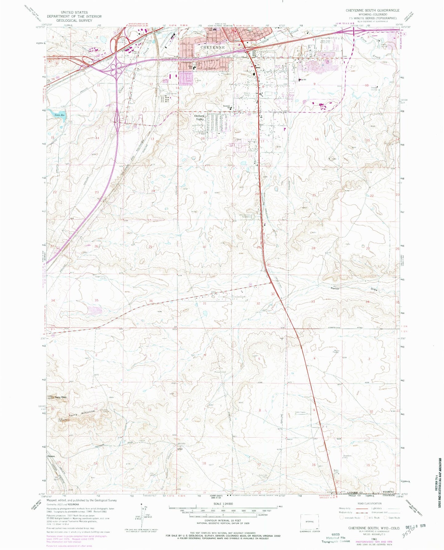 Classic USGS Cheyenne South Wyoming 7.5'x7.5' Topo Map Image